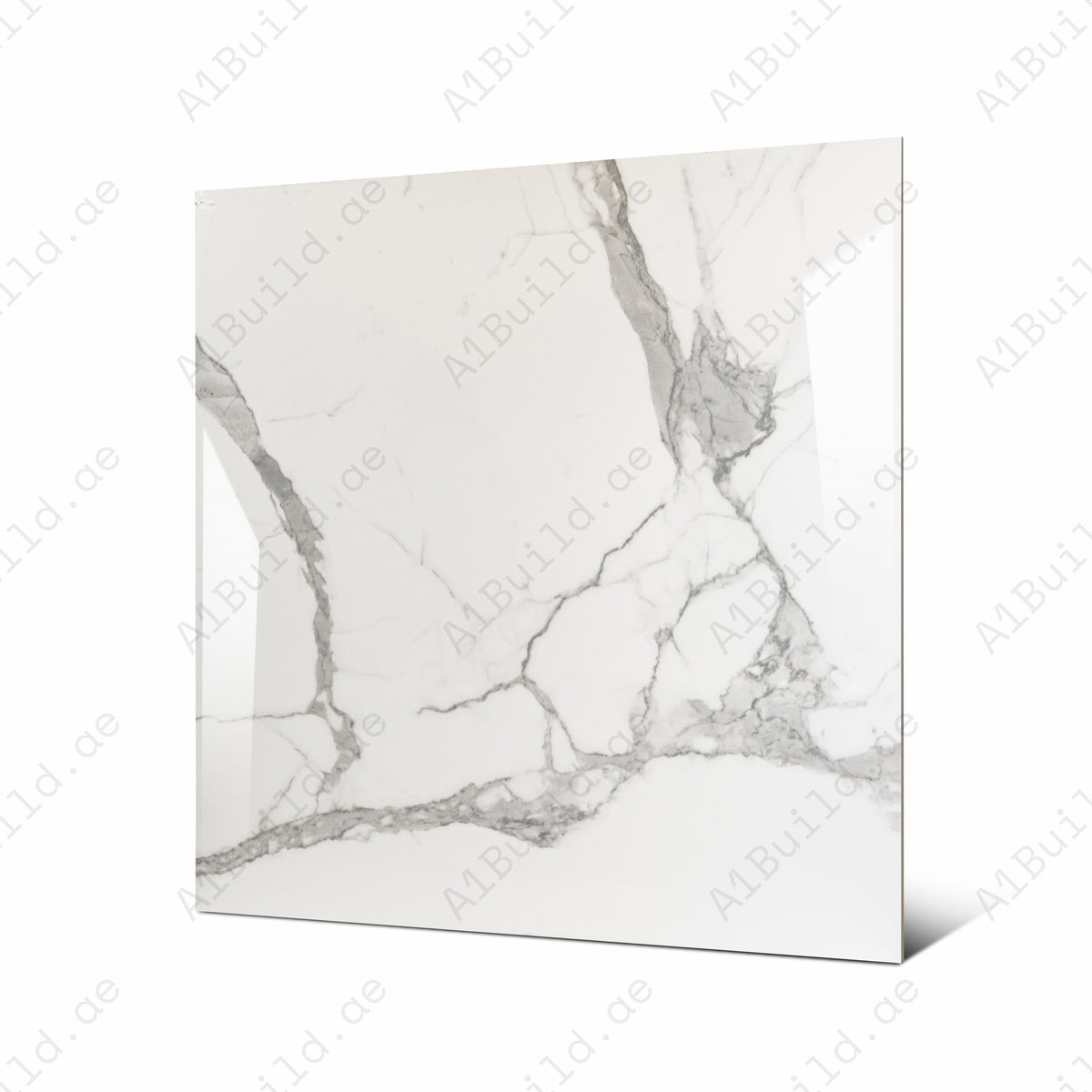 Angled view of 120x120cm glossy white marble look porcelain tile for floors and walls