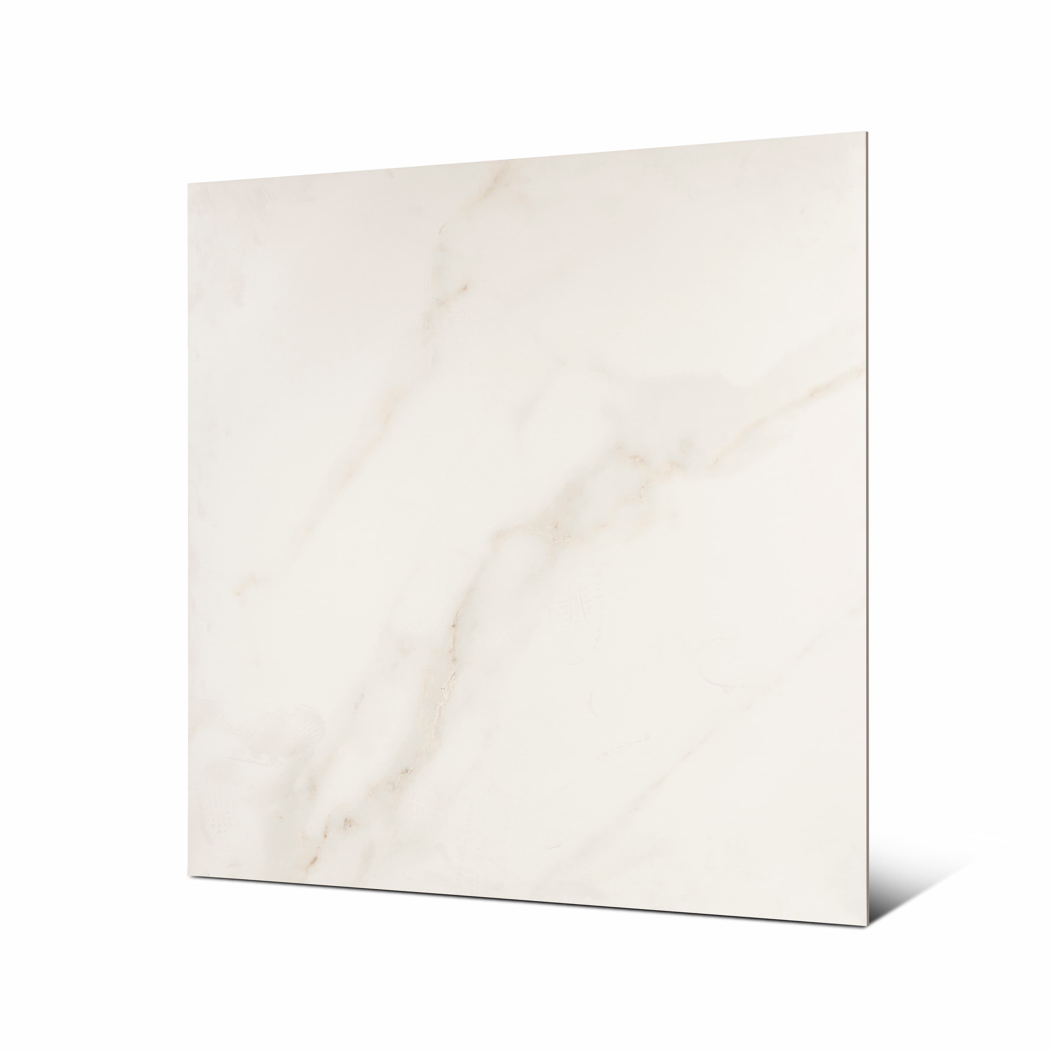 Angled view of Cecelia Gold large format gold-veined marble look porcelain tile showing diagonal golden veins and rectified edge