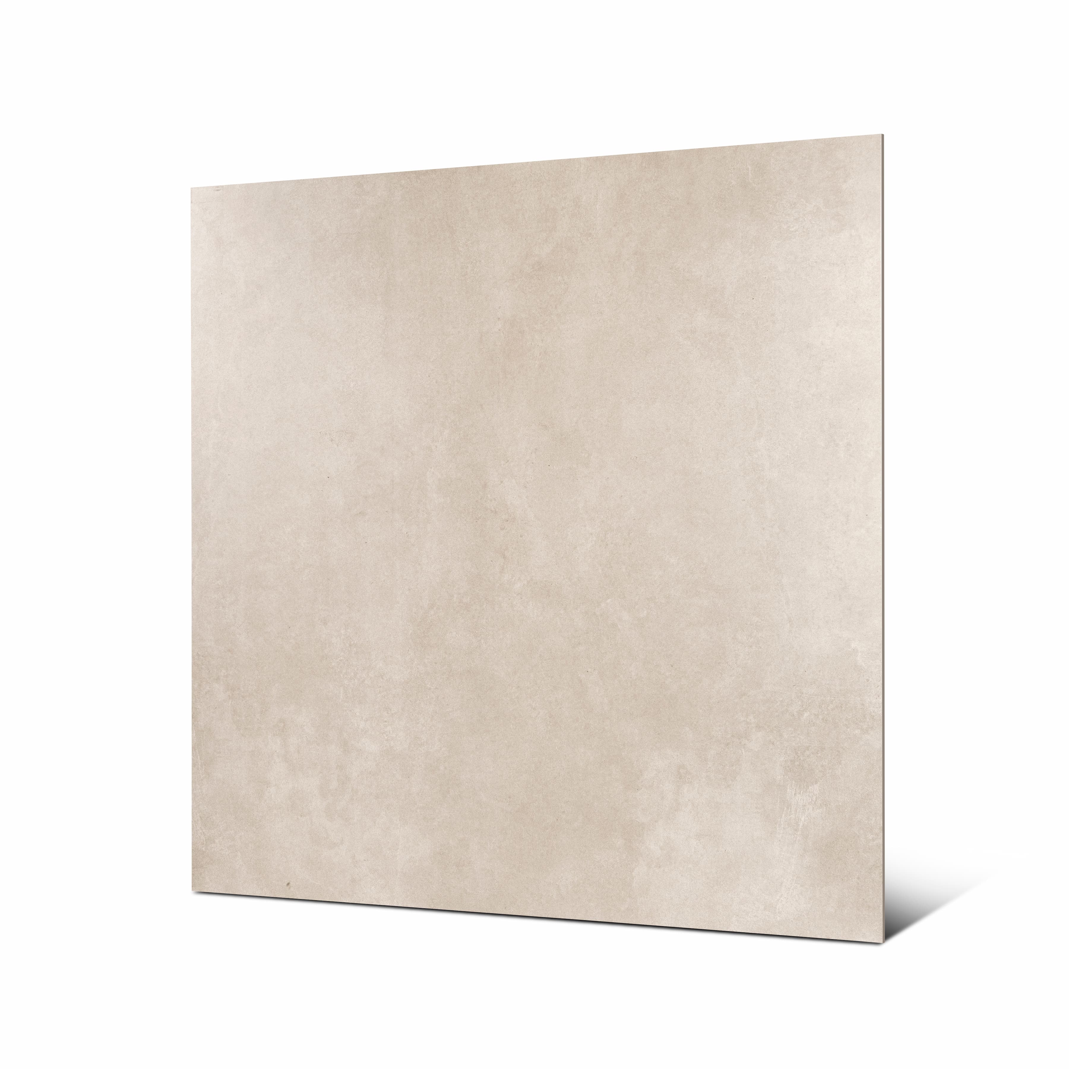 Angled view of Azure Grey large format greige porcelain tile showing soft matte finish and rectified edge