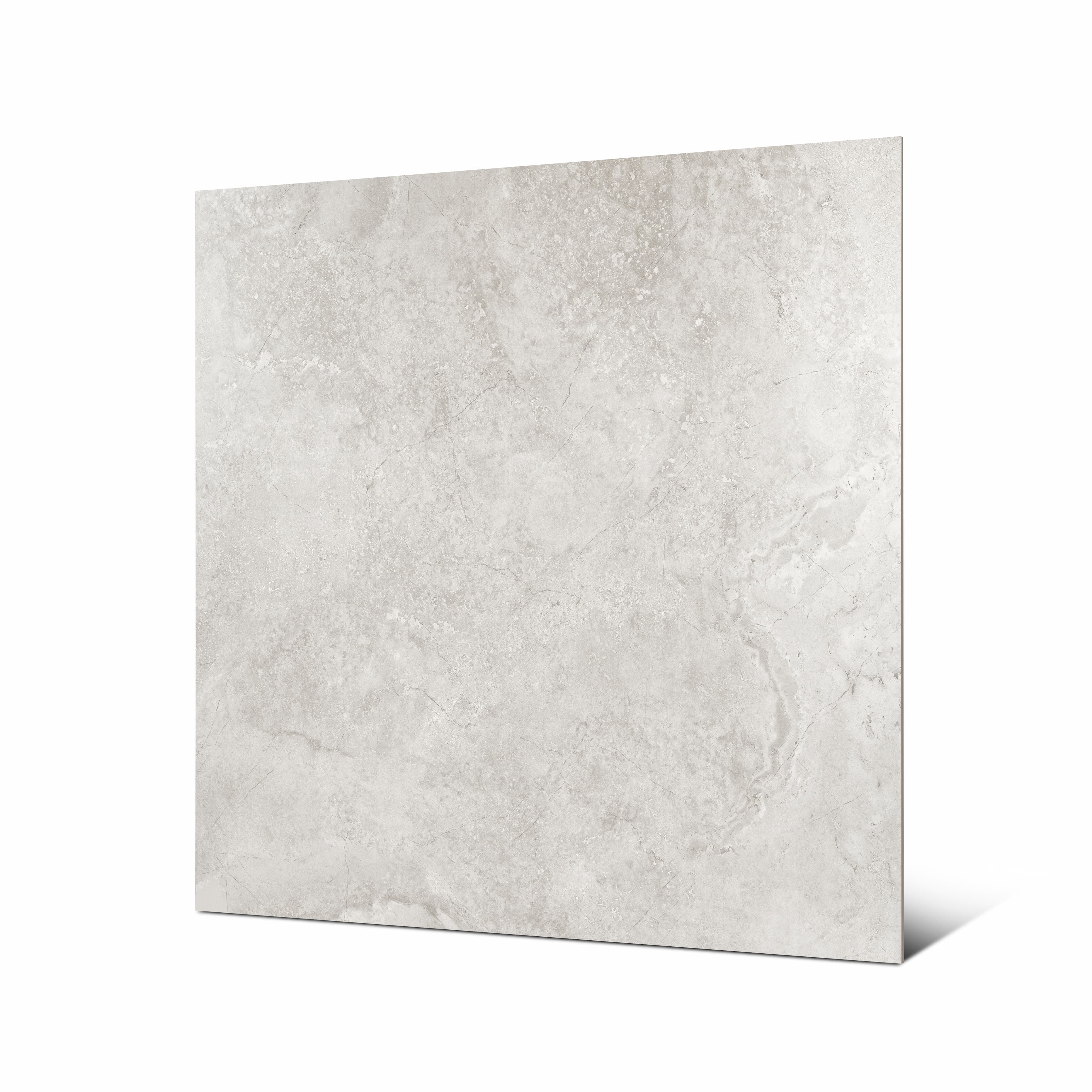 Angled view of Resina Grey large format weathered stone effect porcelain tile showing fine hairline veining and rectified edge