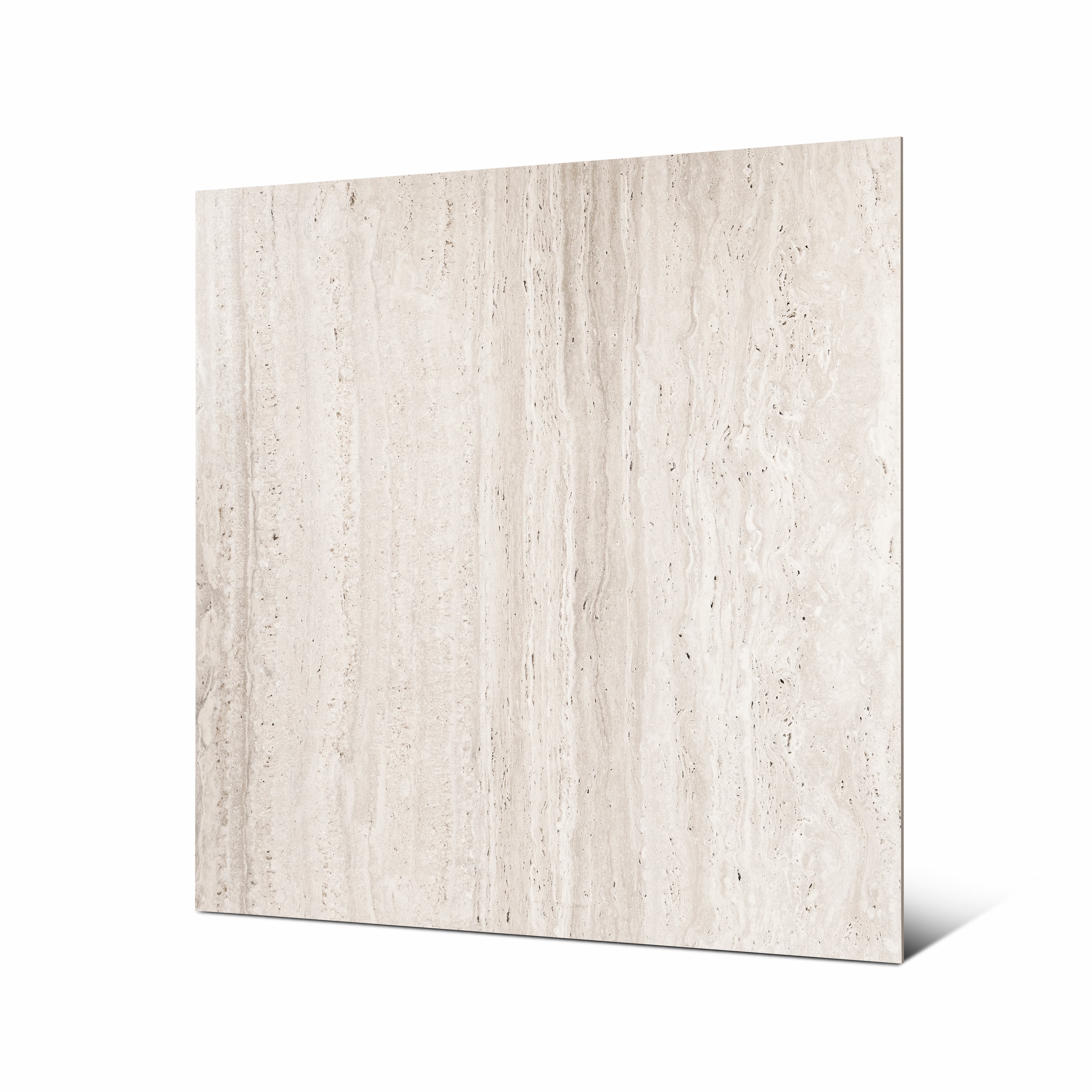 Angled view of Roma Travertino Bianco large format vein-cut travertine porcelain tile showing flowing linear veins and rectified edge