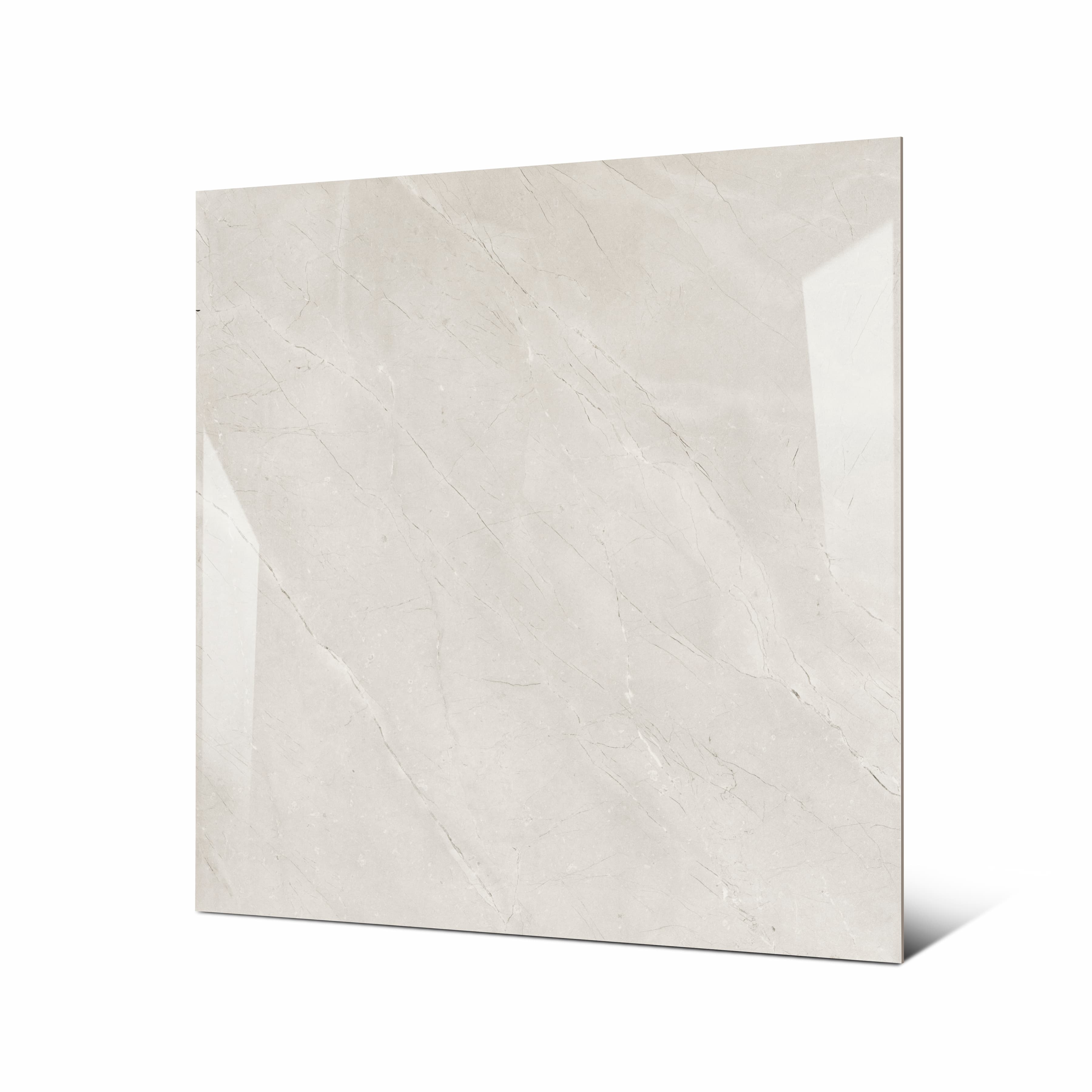 Angled view of Burberry Bianco large format glossy marble effect porcelain tile showing reflective polished surface and rectified edge