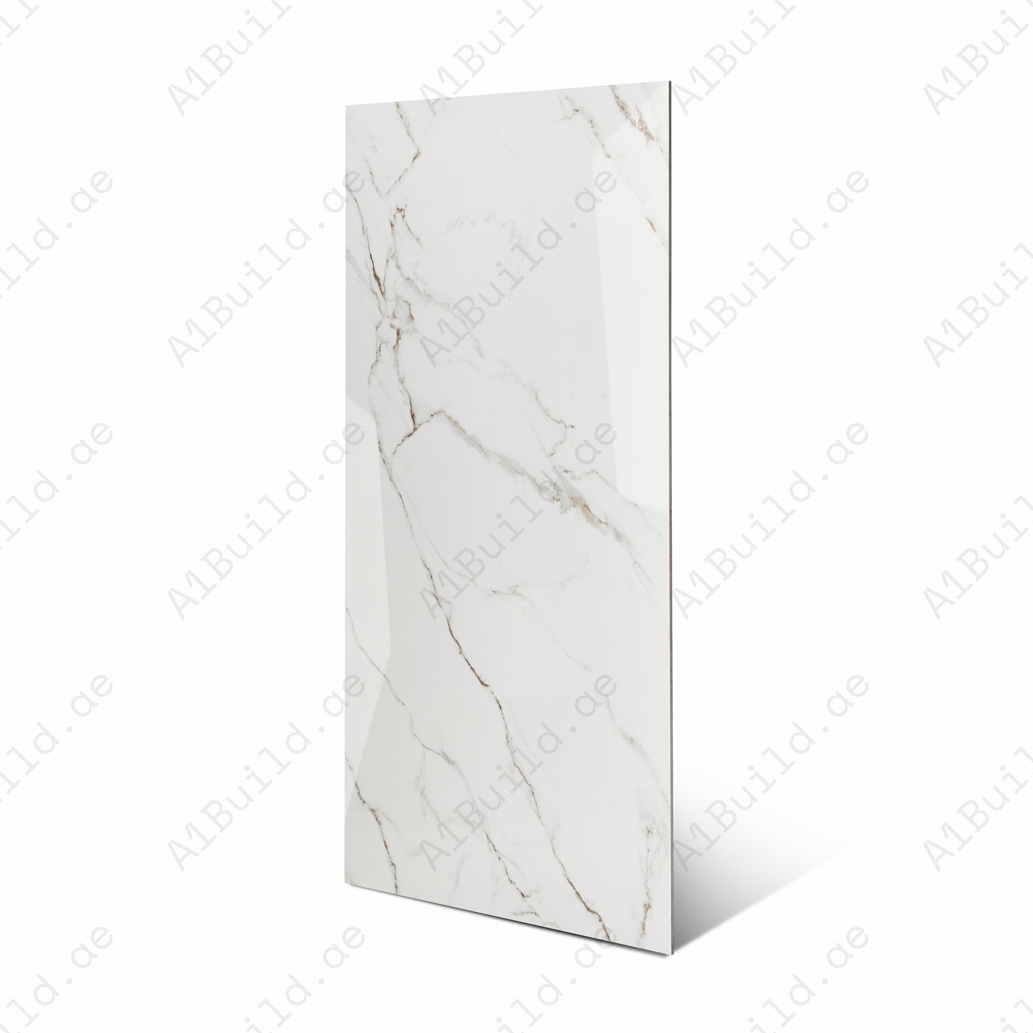 Vanity White Glossy Porcelain Tile 60x120cm | White Gold Veined Calacatta Marble Look Large Format Floor & Wall Tile UAE