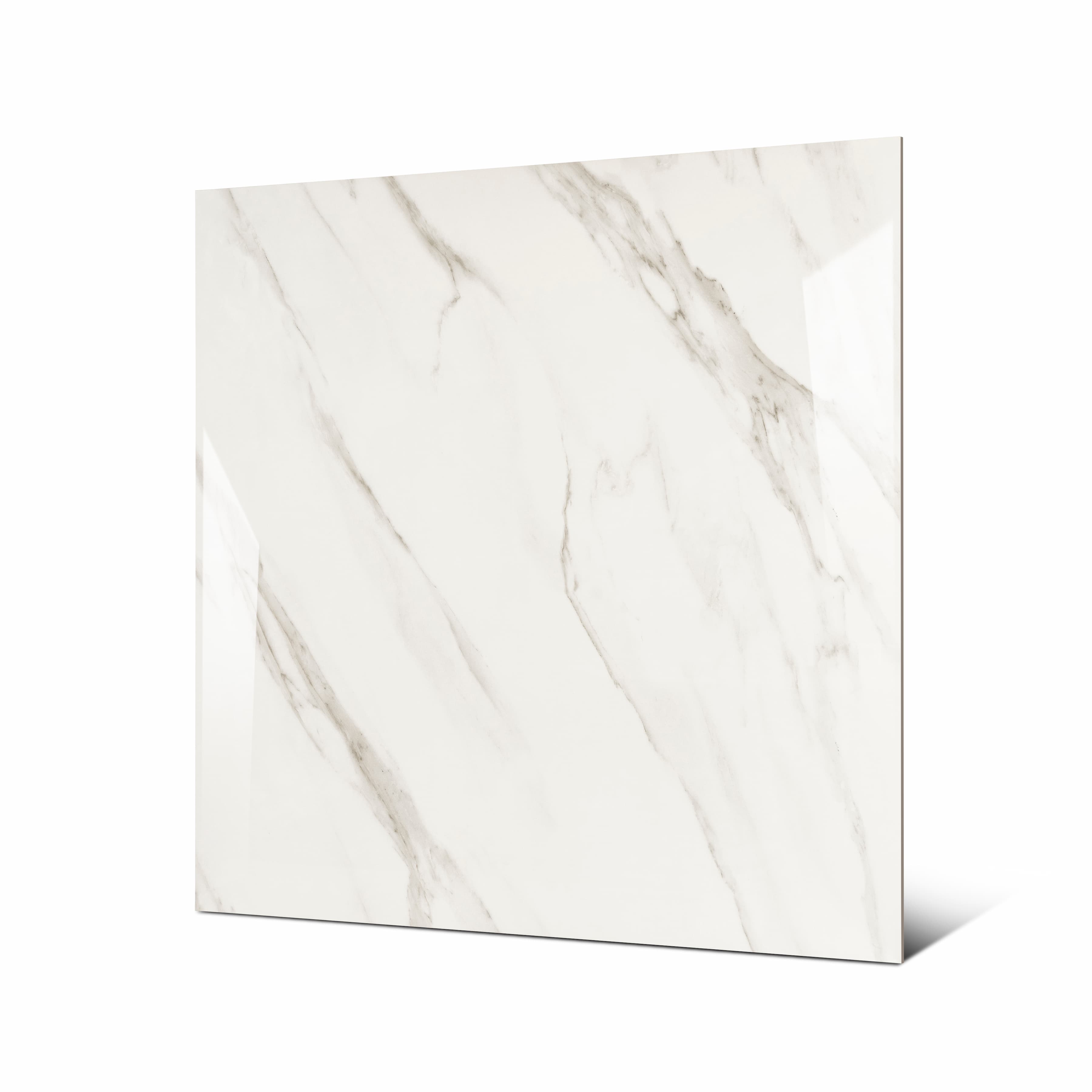 Angled view of Statuario Angel large format glossy Statuario marble effect porcelain tile showing reflective polished surface and rectified edge
