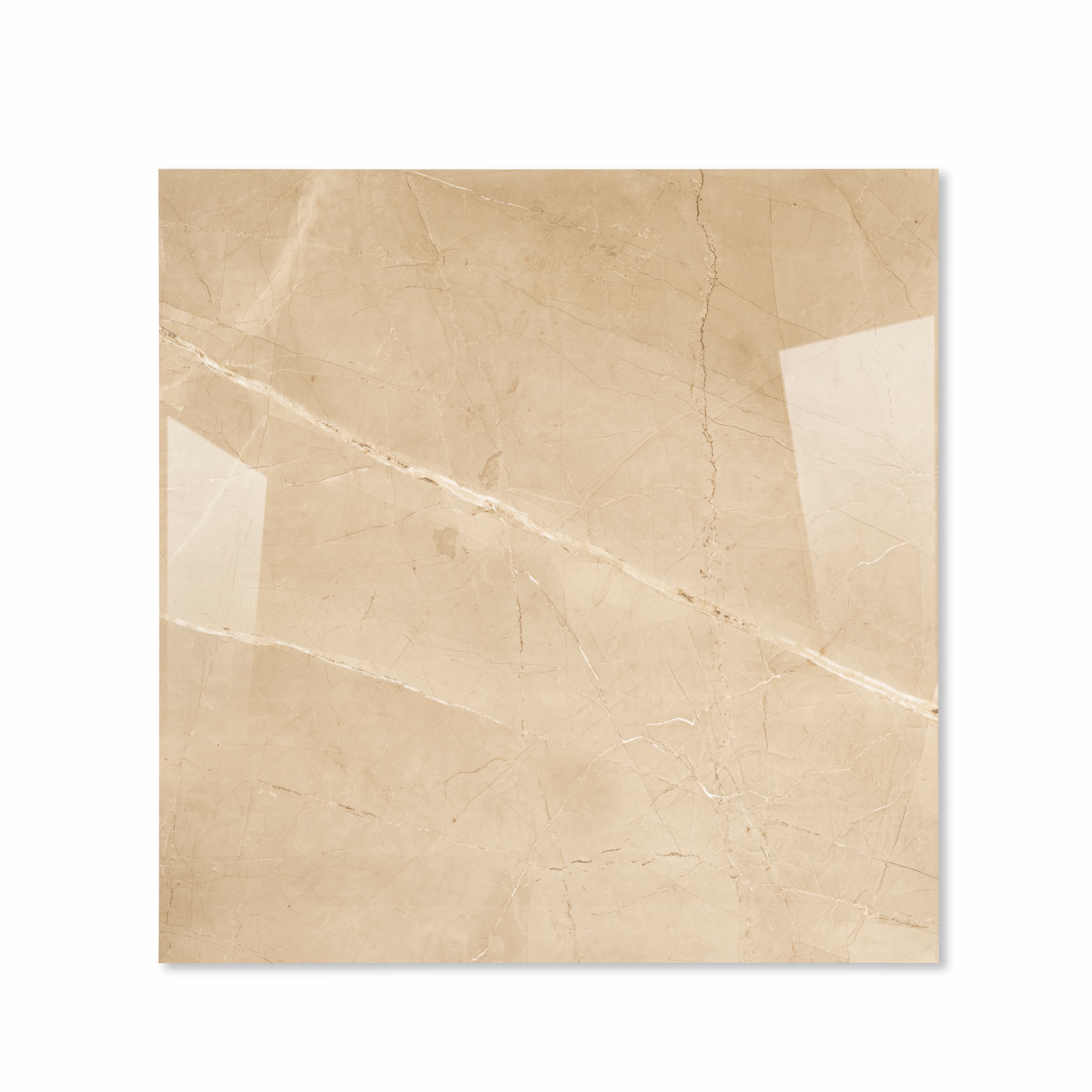 Top view of Armani Beige sandy caramel polished porcelain floor tile 120x120cm with fine hairline beige marble veining and mirror gloss finish
