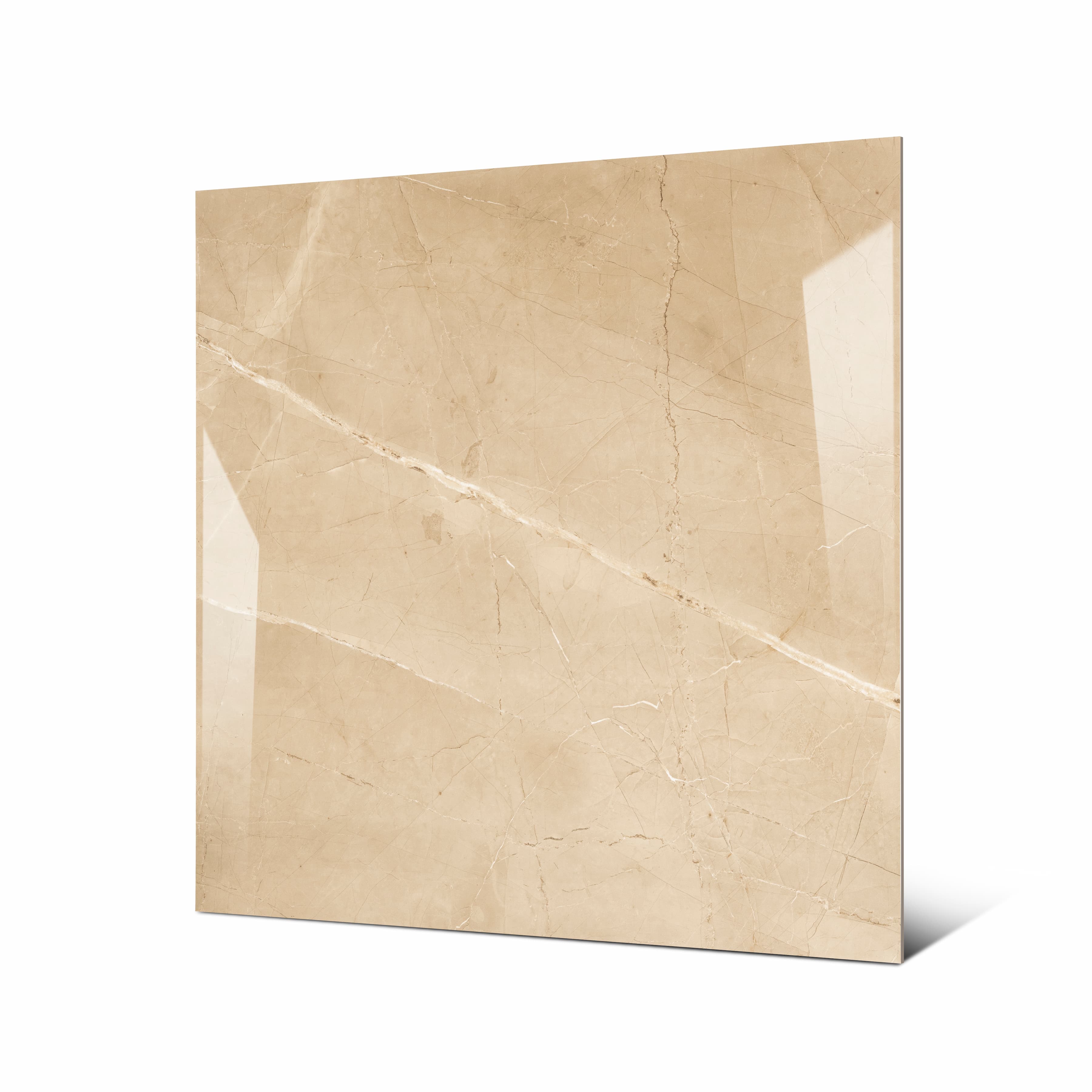 Angled view of Armani Beige large format glossy beige marble effect porcelain tile showing reflective polished surface and rectified edge