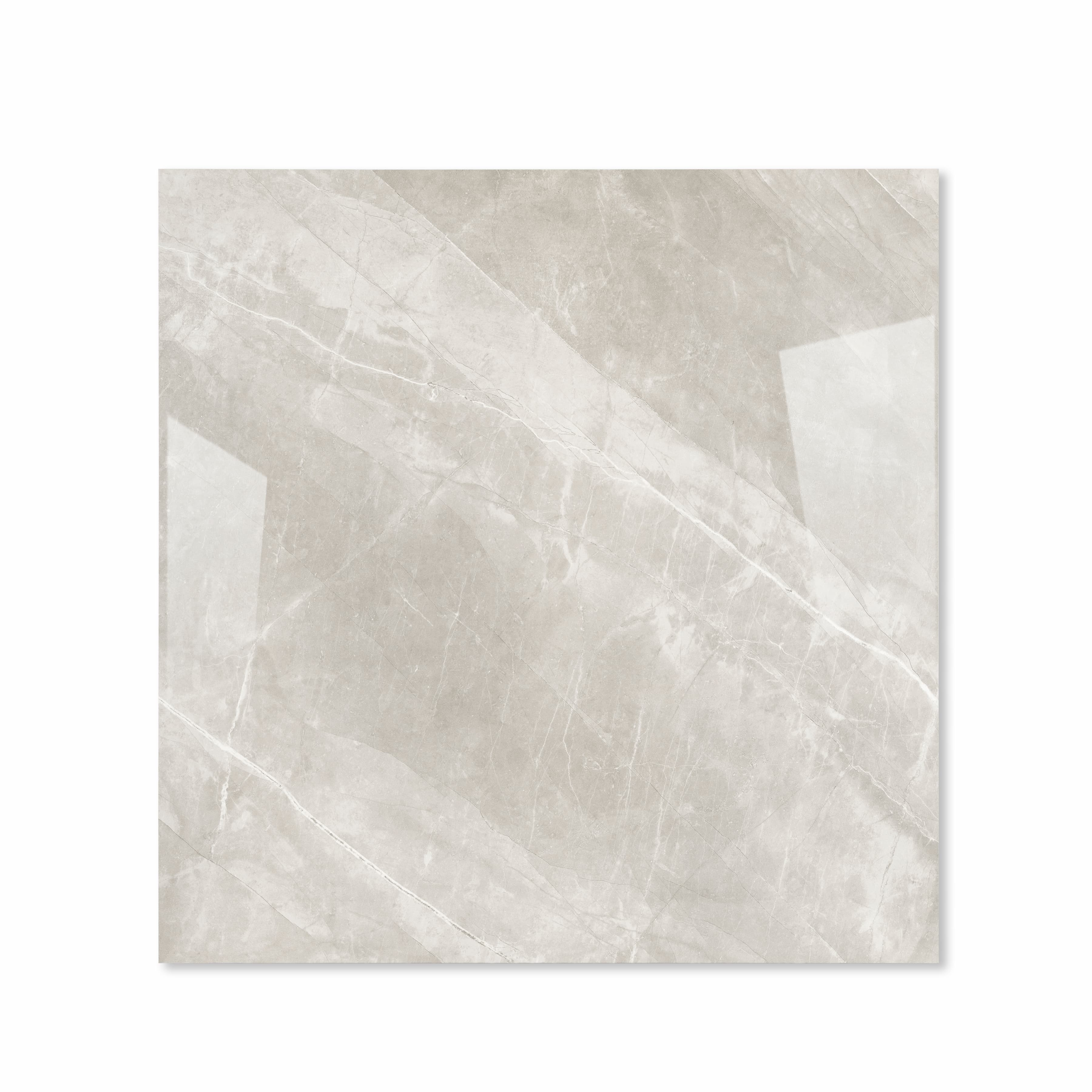 Top view of Armani Romano dove greige polished porcelain floor tile 120x120cm with diagonal grey marble veining and mirror gloss finish