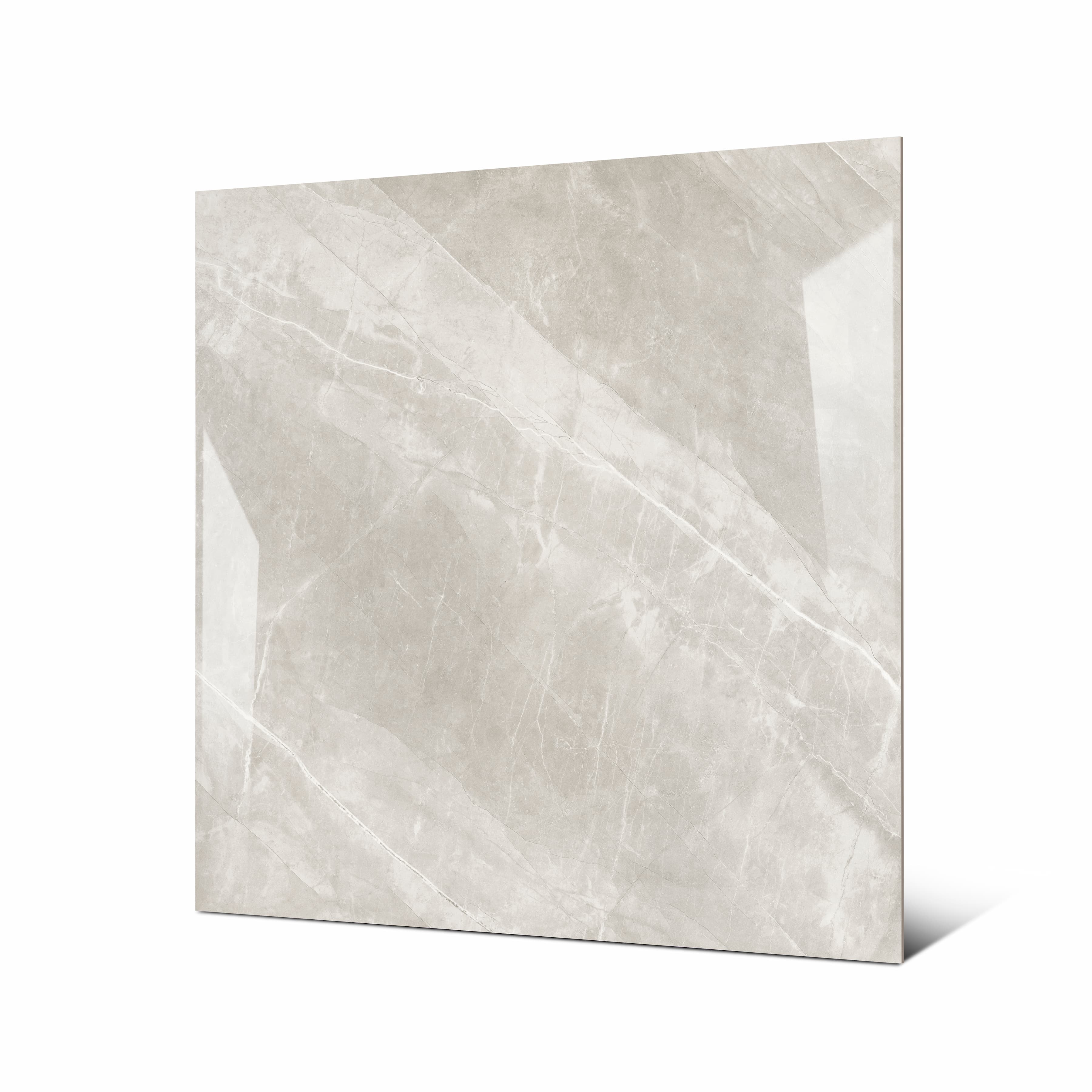 Angled view of Armani Romano large format glossy grey marble effect porcelain tile showing reflective polished surface and rectified edge