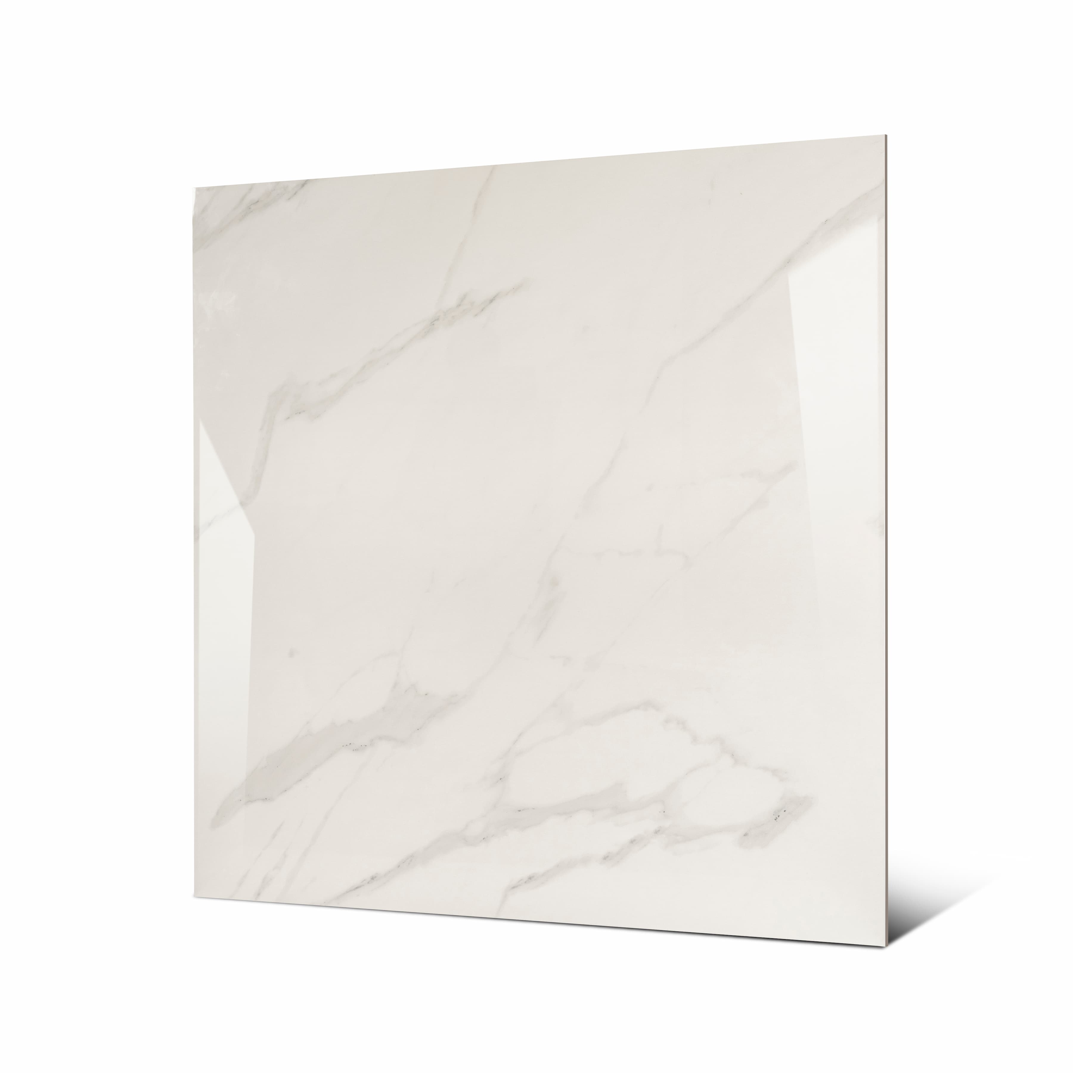 Angled view of Elite White large format glossy white marble effect porcelain tile showing reflective polished surface and rectified edge