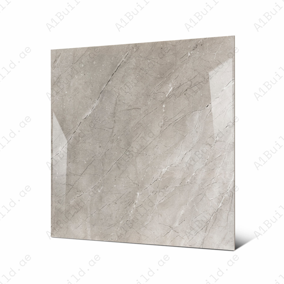Angled view of 120x120cm grey marble look porcelain tile for luxury floor and wall applications