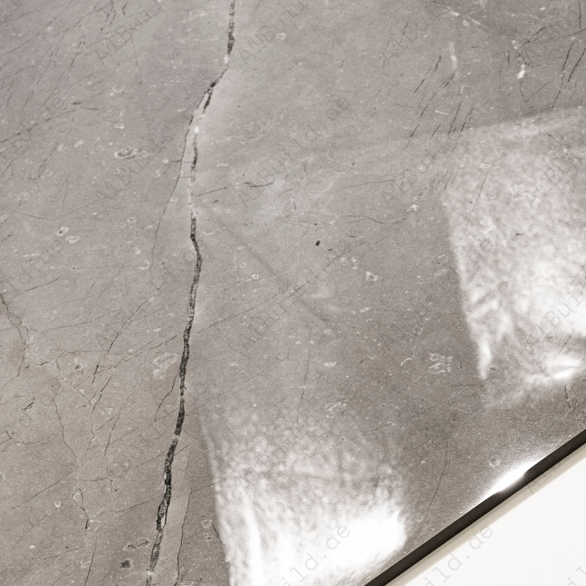 Close-up detail of Burberry Grey porcelain tile showing fine veining and mirror-gloss surface