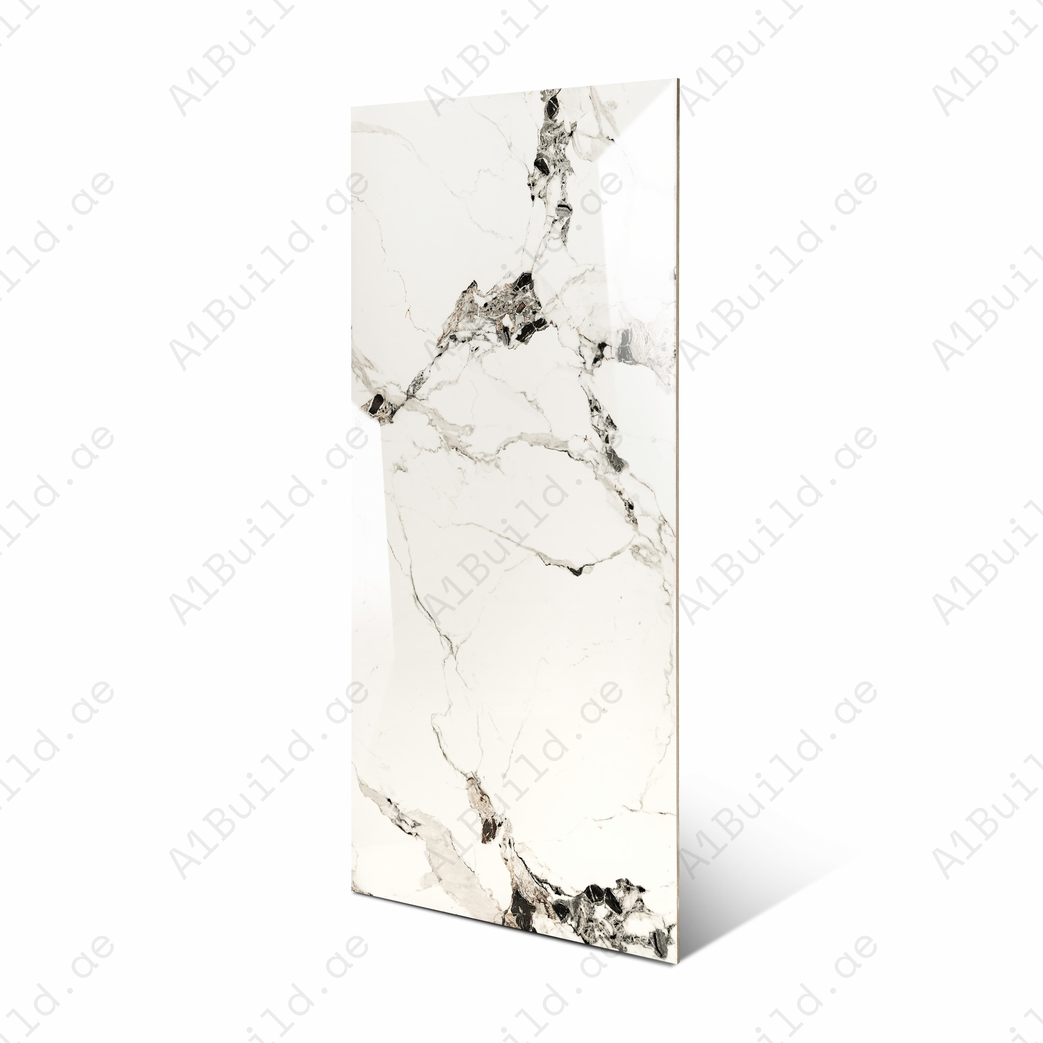 Calcatta Paris White Glossy Porcelain Tile 60x120cm | Bold Black Gold Marble Look | High Gloss Large Format Floor & Wall Tile UAE