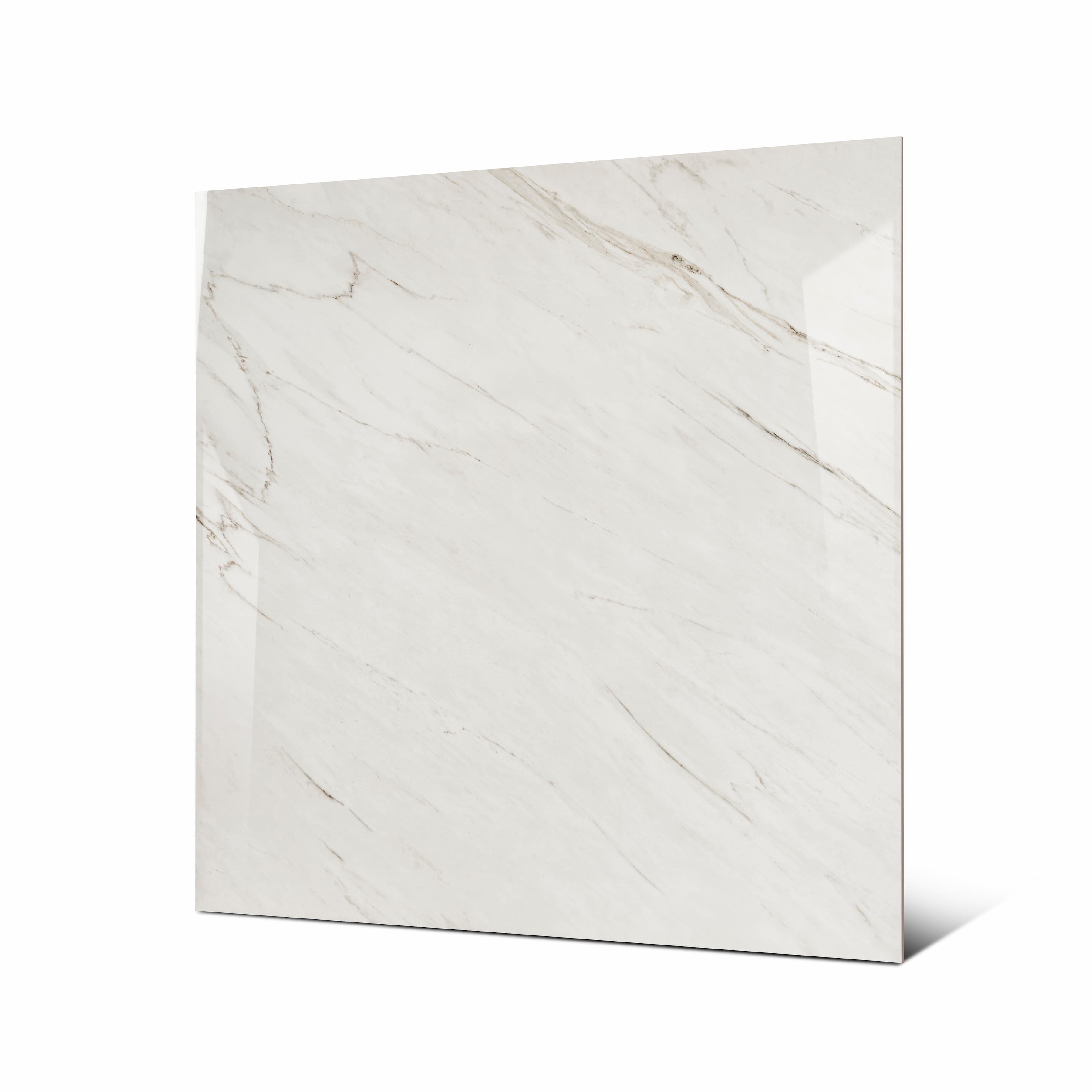 Angled view of Cavallo large format glossy warm-veined marble effect porcelain tile showing reflective surface and rectified edge
