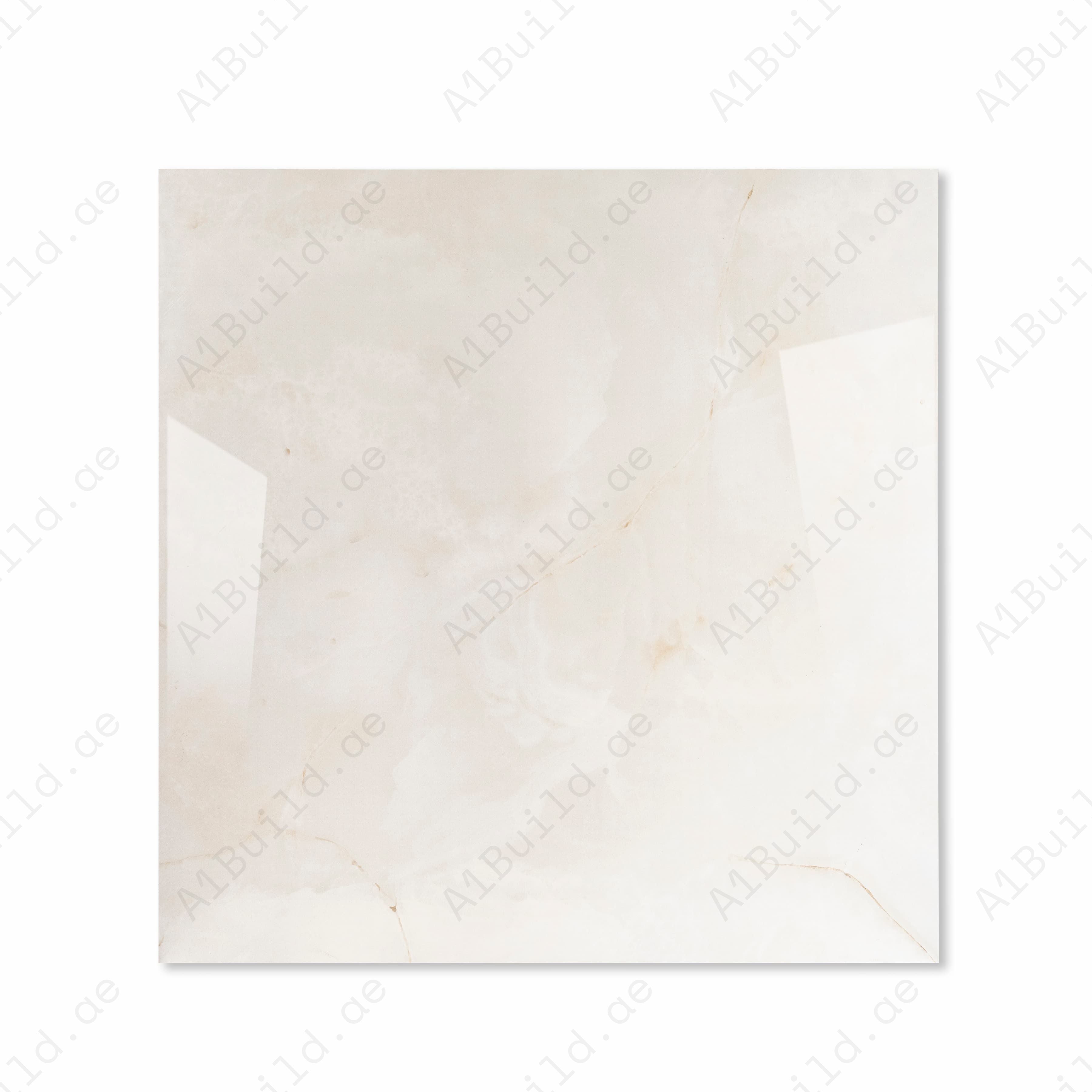Top view of Cremasm 139 ivory onyx-effect porcelain tile with soft amber veining and glossy finish