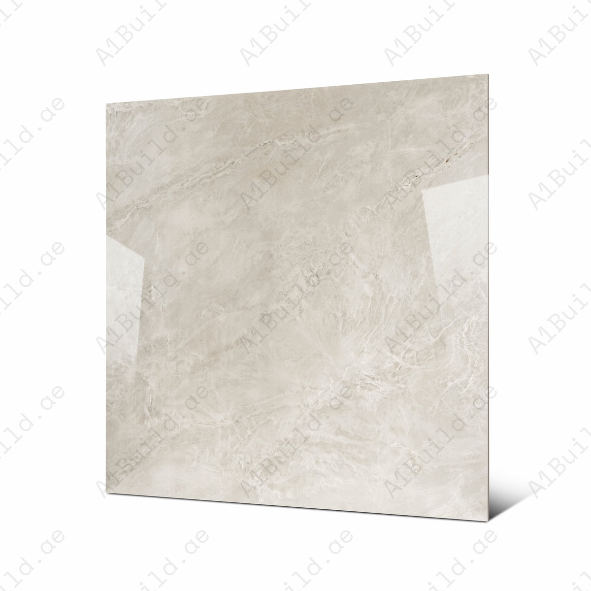 Angled view of 120x120cm beige marble look porcelain tile for luxury floor and wall applications