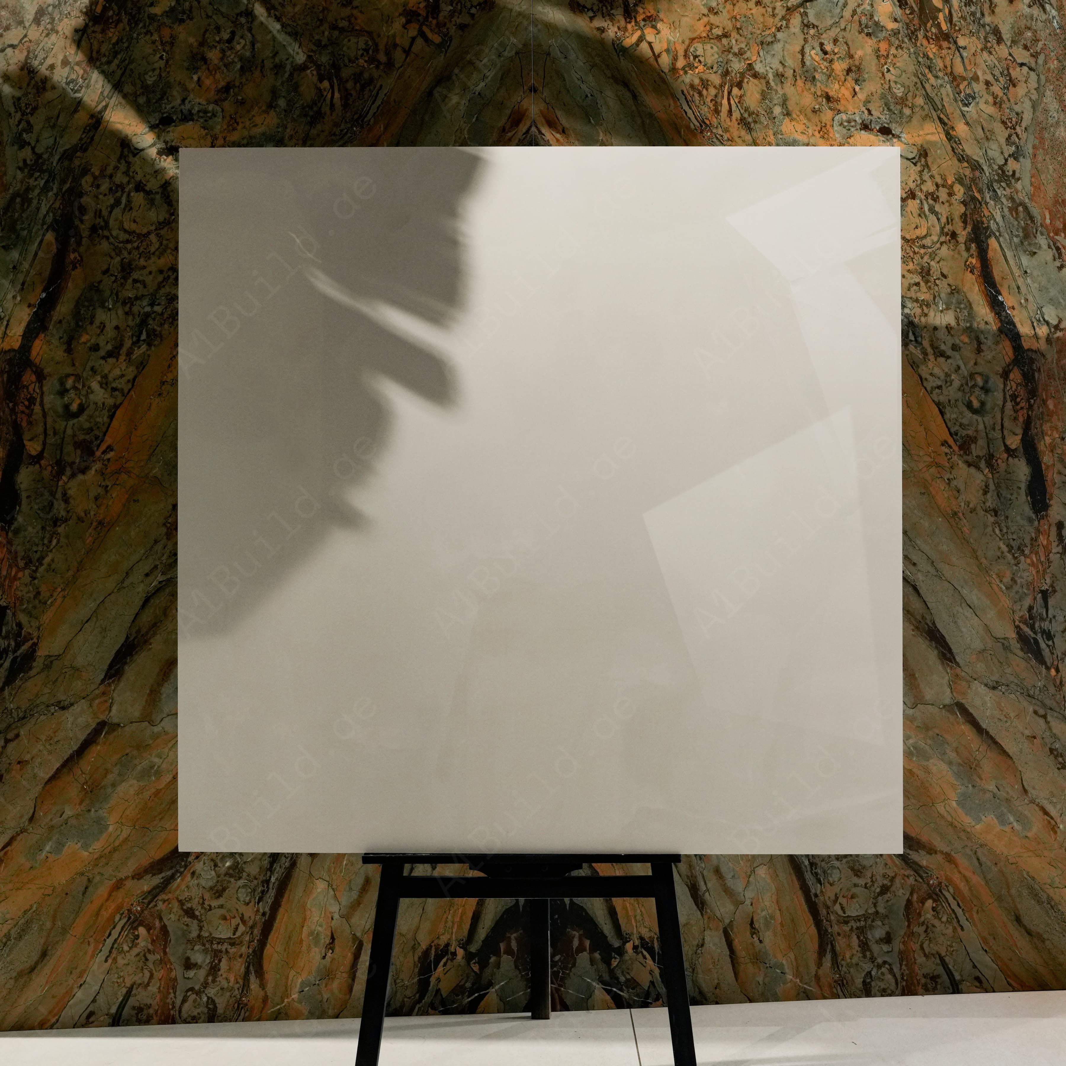Onyx Helio New Glossy 120x120 porcelain tile displayed on easel against natural marble backdrop in UAE showroom