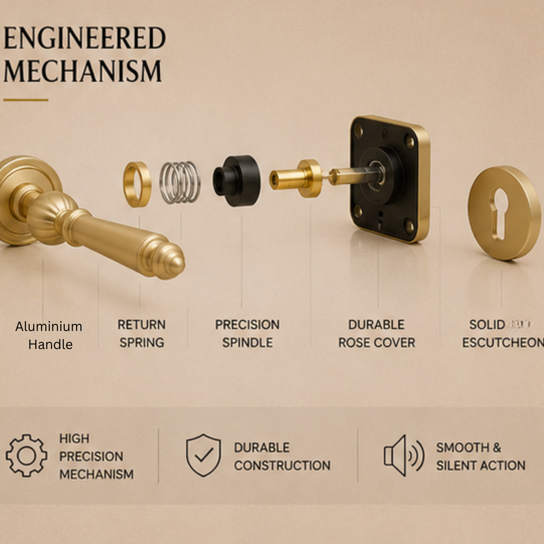 ALA.6538 premium aluminum alloy door lock handle in Matt Satin Brass finish. Modern architectural hardware for luxury homes, hotels, offices, and interiors.