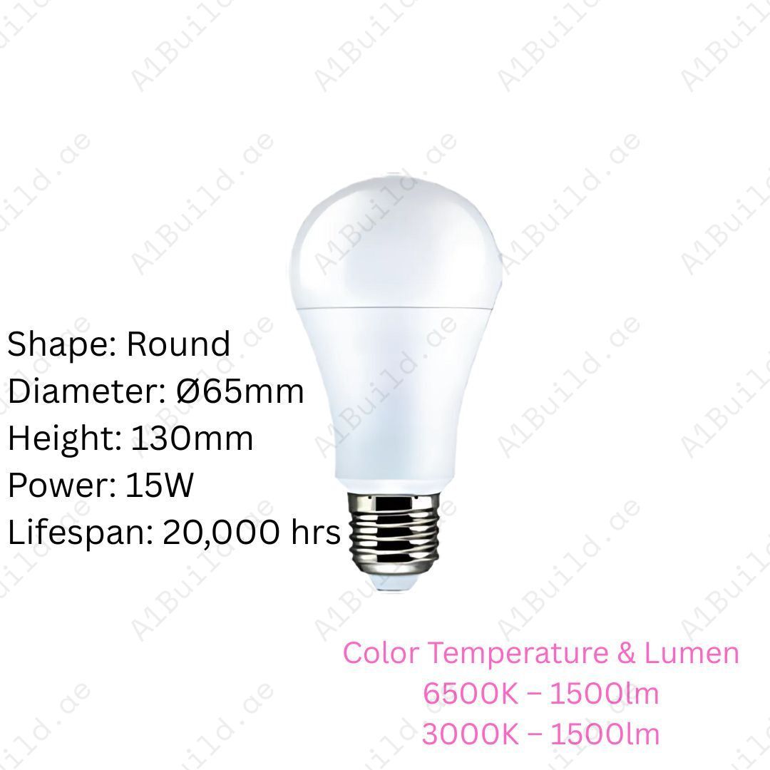 Anar 15W LED Bulb with E27 base. 1500lm brightness, 6500K & 3000K options, 20,000hrs lifespan, 80% energy saving, ideal for homes, shops & offices.