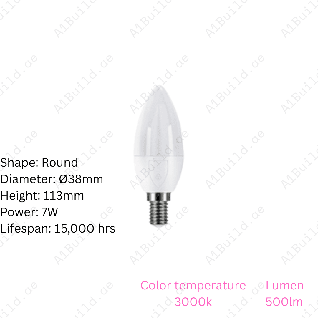 Anar E14 LED Bulb 7W with 3000K warm light. 220° wide beam, 15,000hrs lifespan, >80 CRI. Perfect for indoor lighting with 80% energy savings.