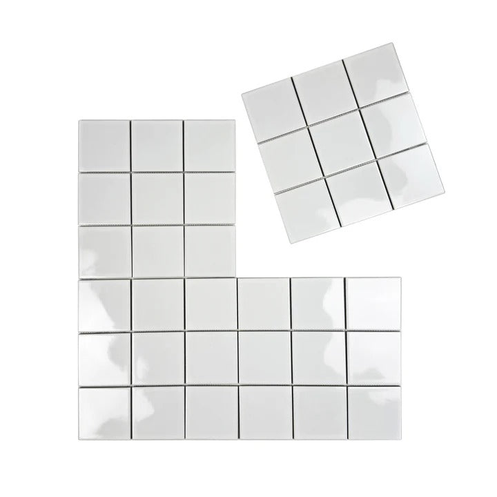 Azure Harmony White porcelain mosaic – 97x97mm tiles, 1.98 sqm/box, durable & water-resistant. Ideal for kitchens, bathrooms, and feature walls.