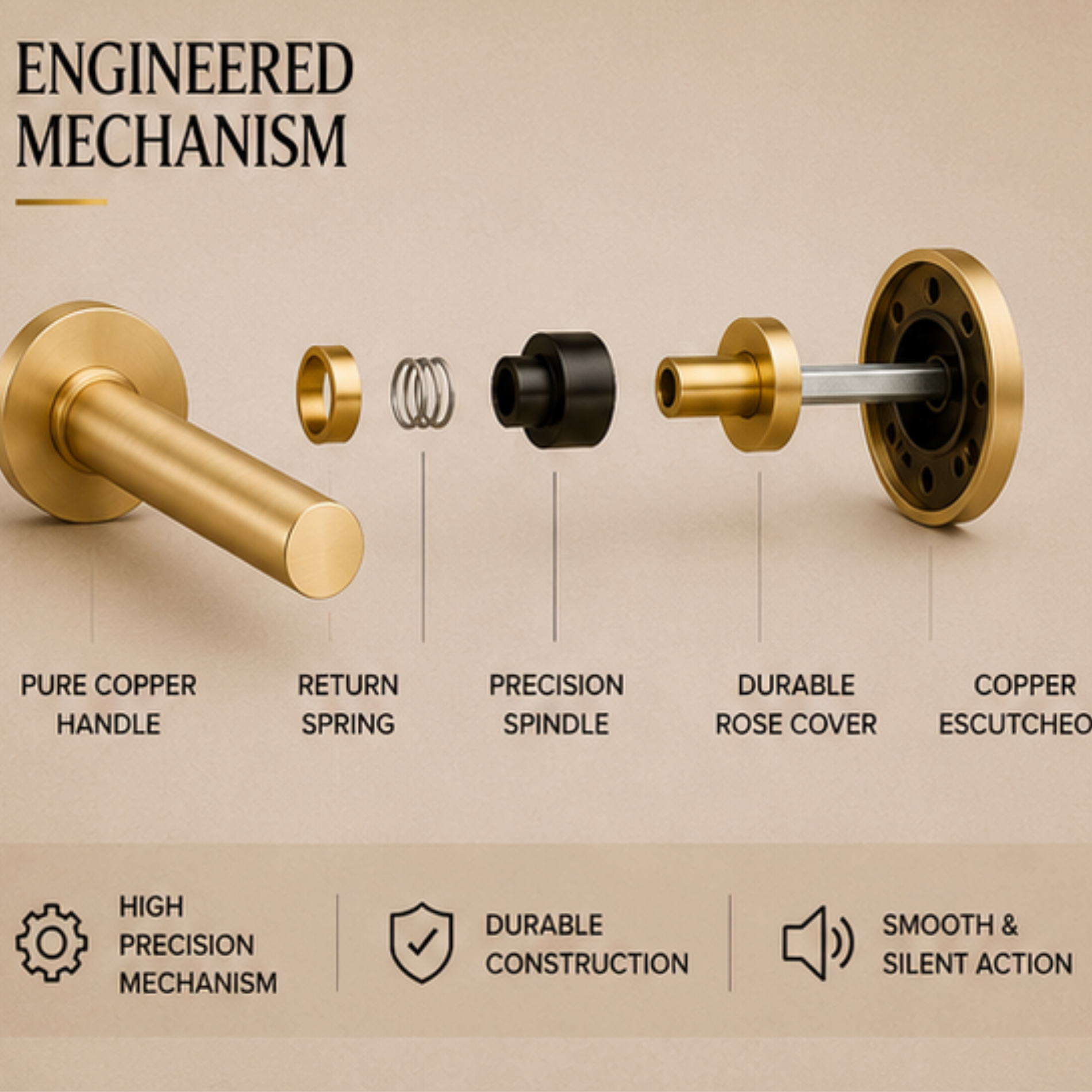 BA.8833 premium pure copper door lock handle in Matt Satin Brass finish. Luxury architectural hardware for elegant homes, hotels, offices, and interiors.