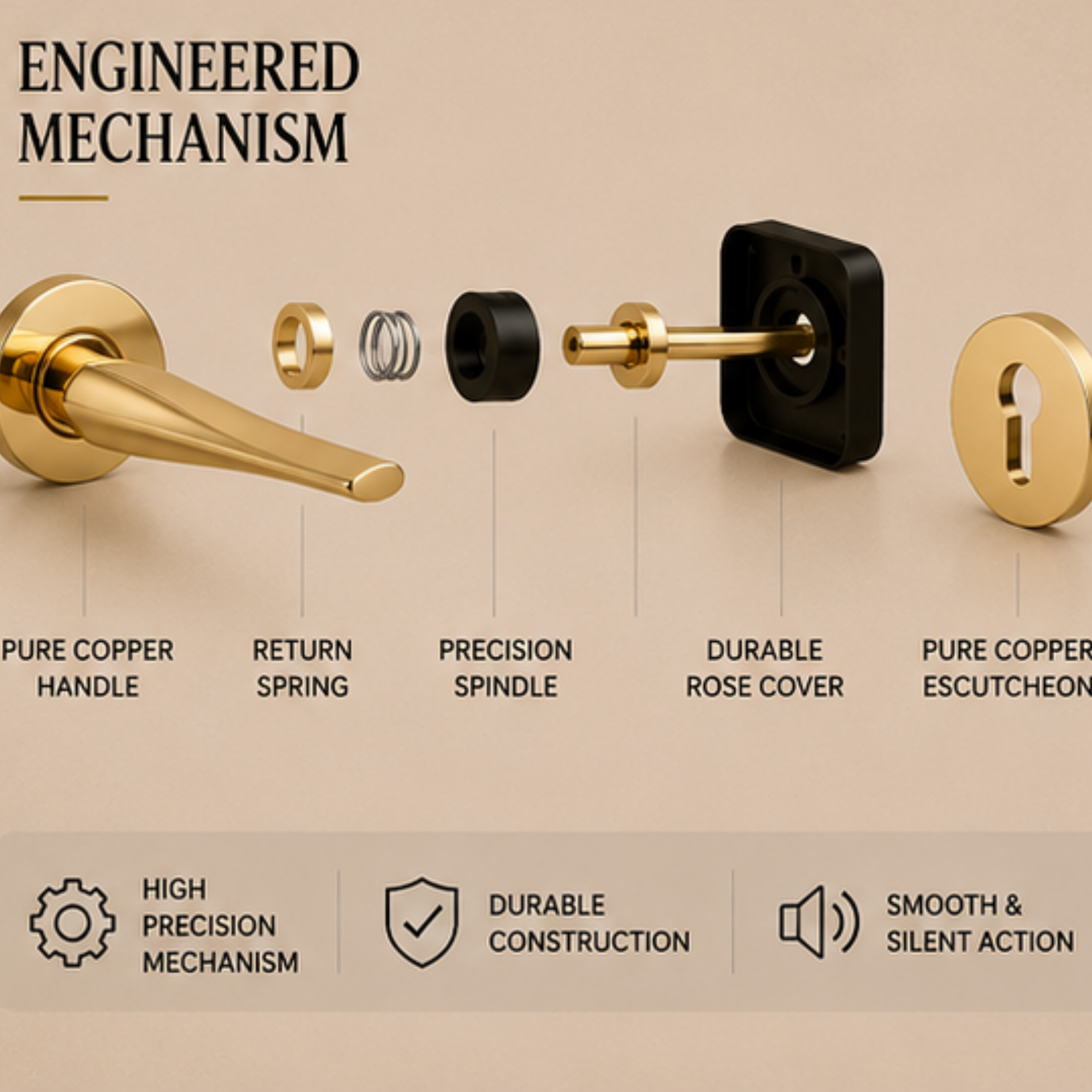 BA.8835 premium pure copper door lock handle in Rose Gold Plated finish. Luxury architectural hardware for elegant homes, hotels, offices, and interiors.