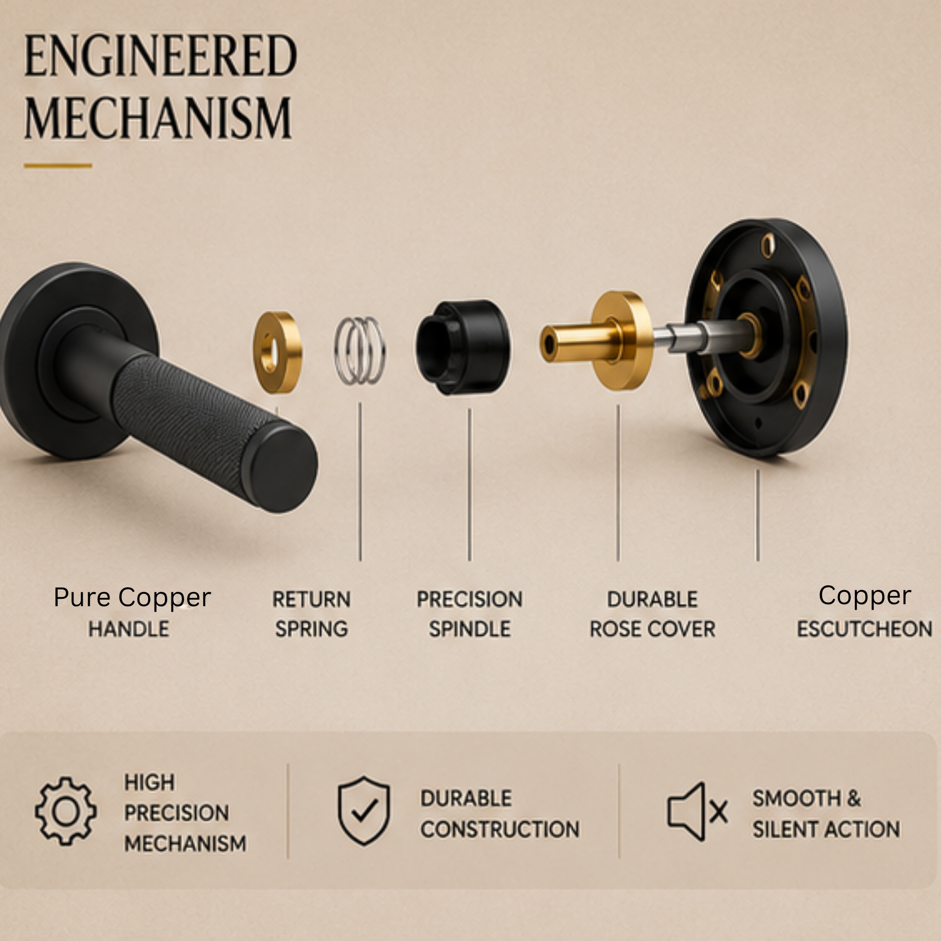 BA.8836 premium pure copper door lock handle in Black finish. Luxury architectural hardware for modern homes, hotels, offices, and elegant interiors.