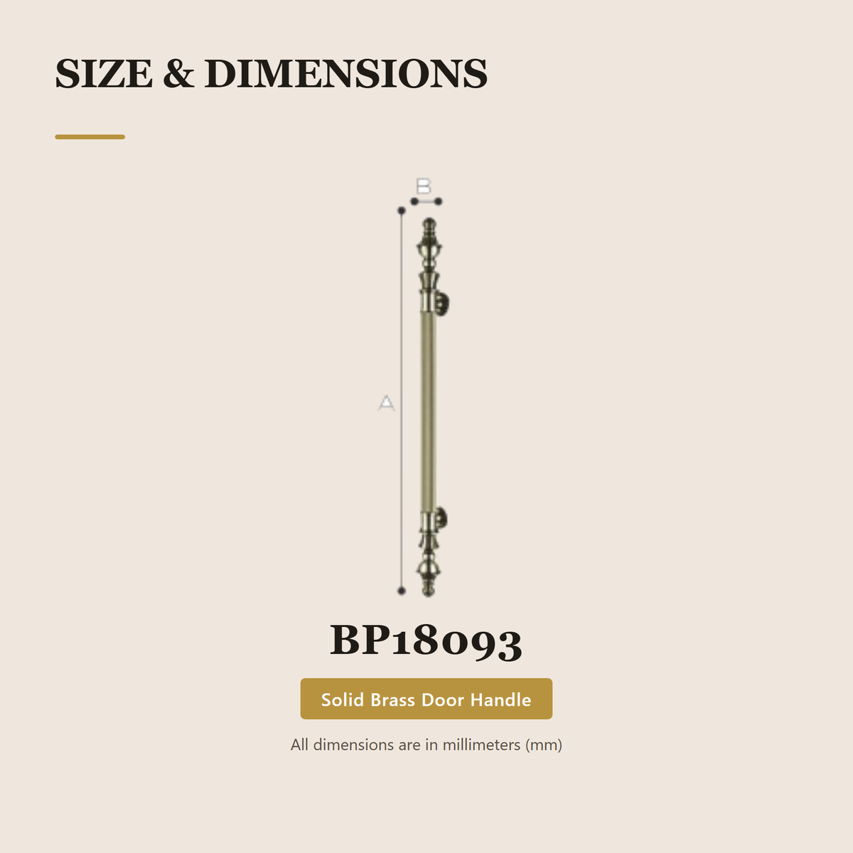 BP18093 premium brass door pull handle from the Brass Door Handle Series. solid brass pull in lengths from 600 to 1800 mm. Built for smooth, reliable everyday use.
