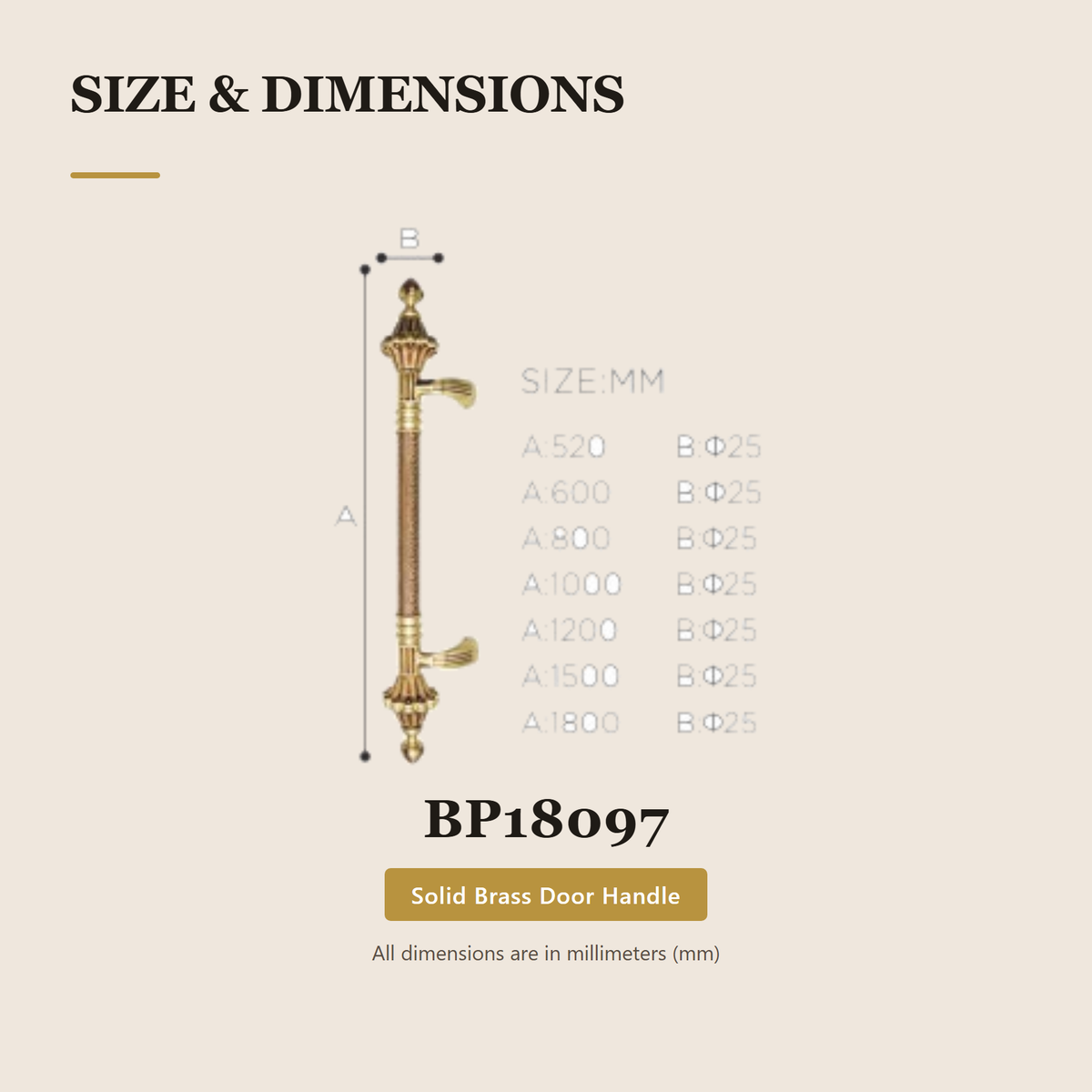 BP18097 premium brass door pull handle from the Brass Door Handle Series. solid brass pull in lengths from 520 to 1800 mm. Built for smooth, reliable everyday use.