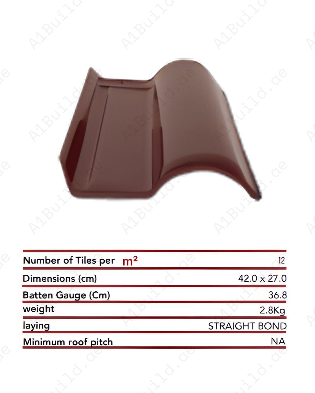 Barugandy red curved ceramic roof tile 42×27 cm. 2.8kg, 12/m². Premium finish, durable, stylish roofing for luxury builds.