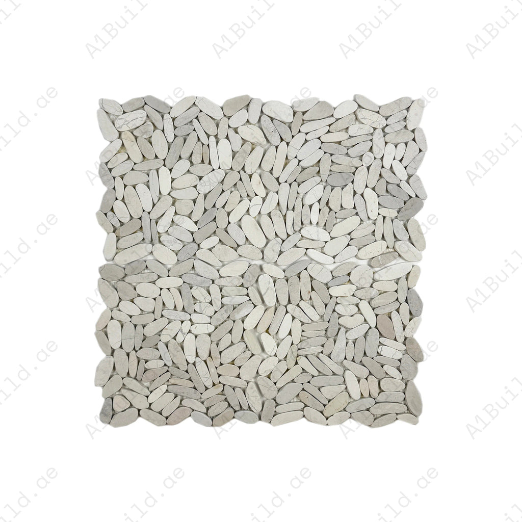 Pebble Serenade Beige Semi-Matte Long Elliptic Pebble Stone Mosaic