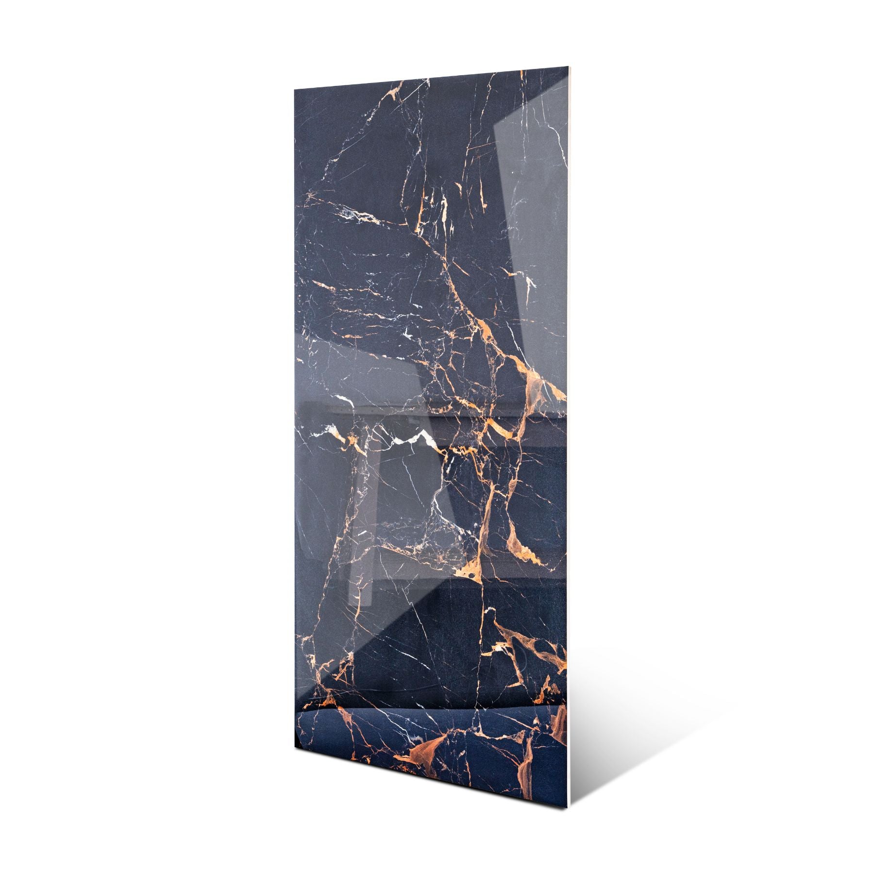 Black Wonder glossy marble effect porcelain tile 60x120cm with 9mm thickness features deep black base and polished luxury finish.