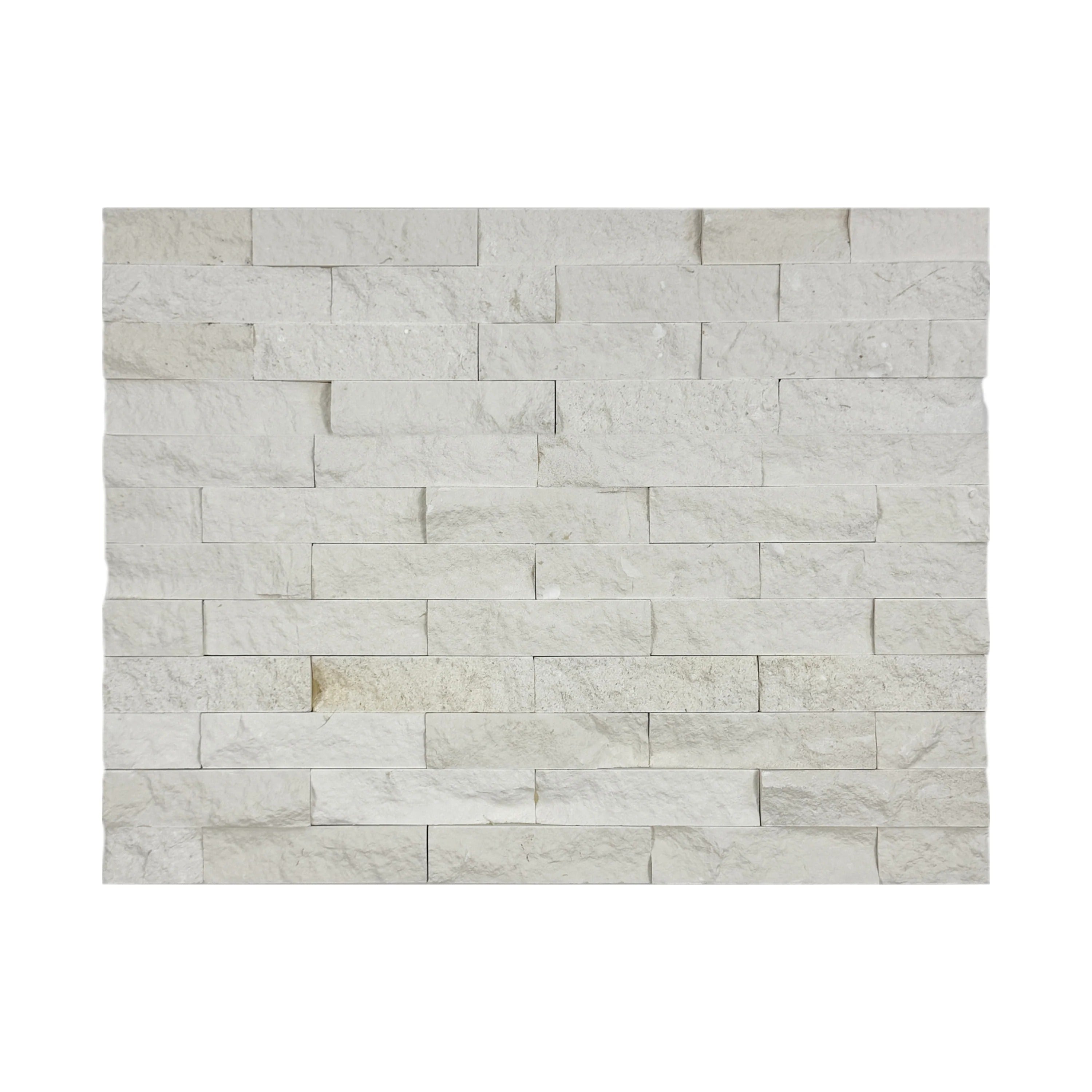 Brighten spaces with Luxe Aura White Split Limestone wall cladding. Durable slate stone 150x600mm, 4 lines/sheet; ideal for interior, facades and feature walls.