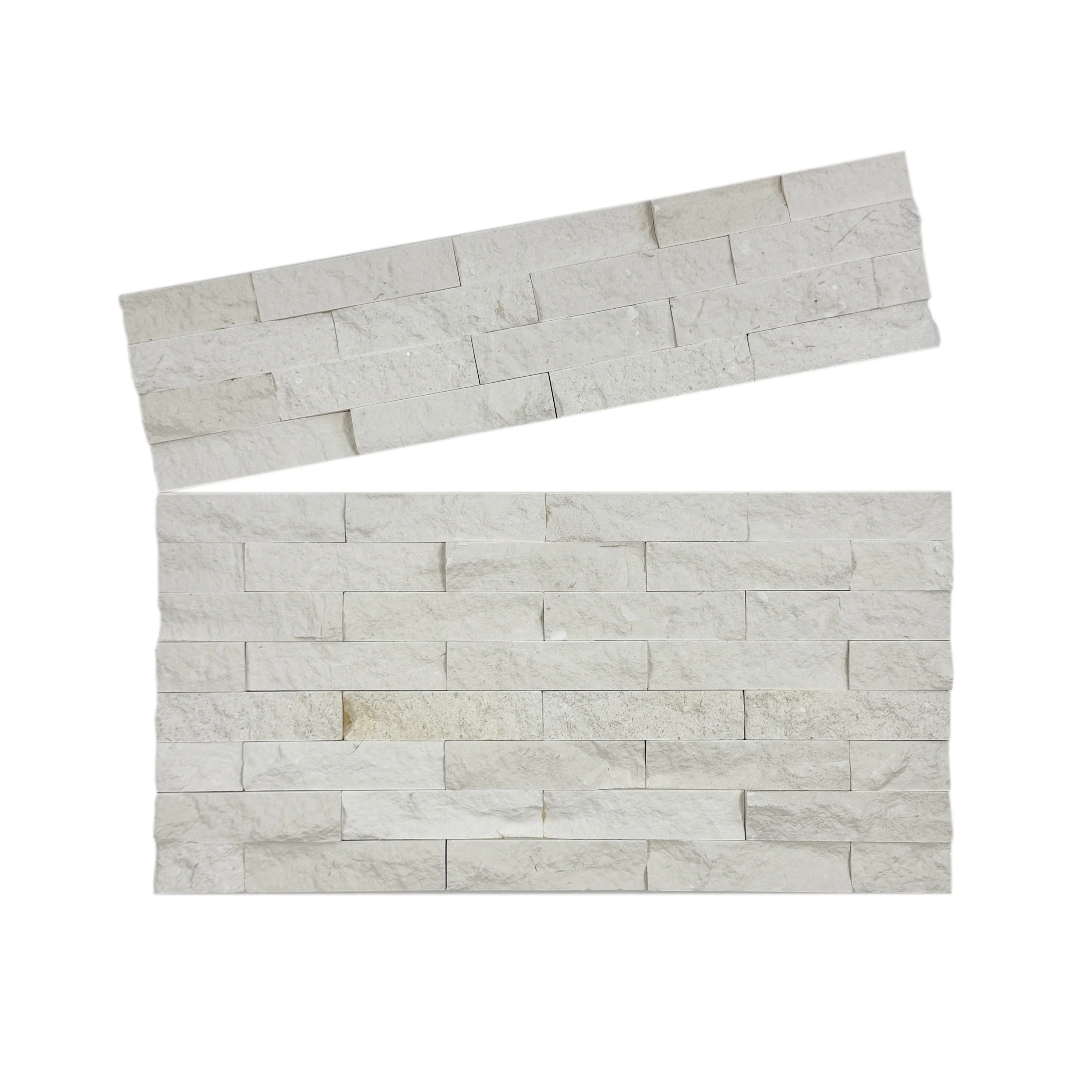Brighten spaces with Luxe Aura White Split Limestone wall cladding. Durable slate stone 150x600mm, 4 lines/sheet; ideal for interior, facades and feature walls.