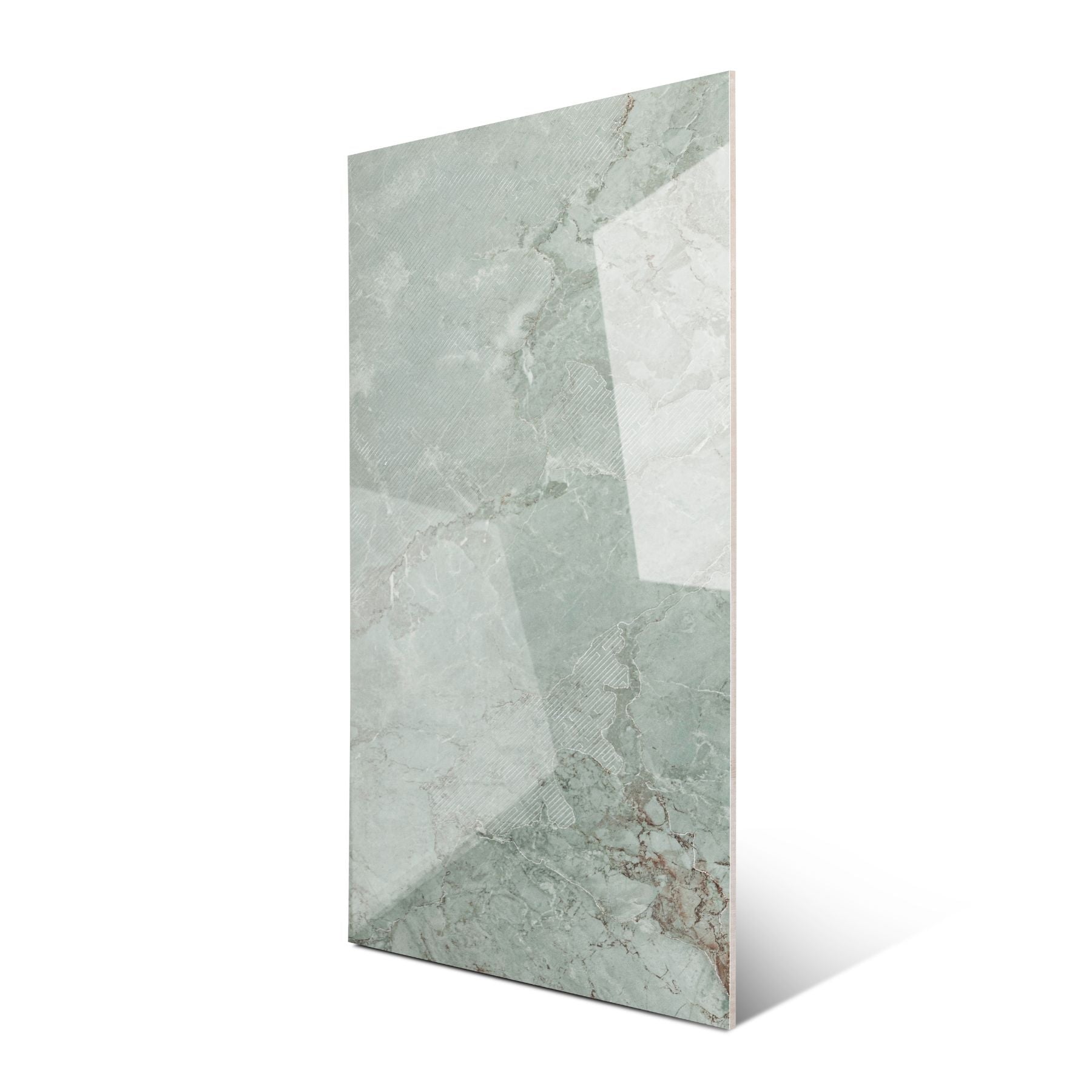 Calci Green glossy marble effect porcelain tile 60x120cm with 9mm thickness features rich green tones and a refined polished finish.