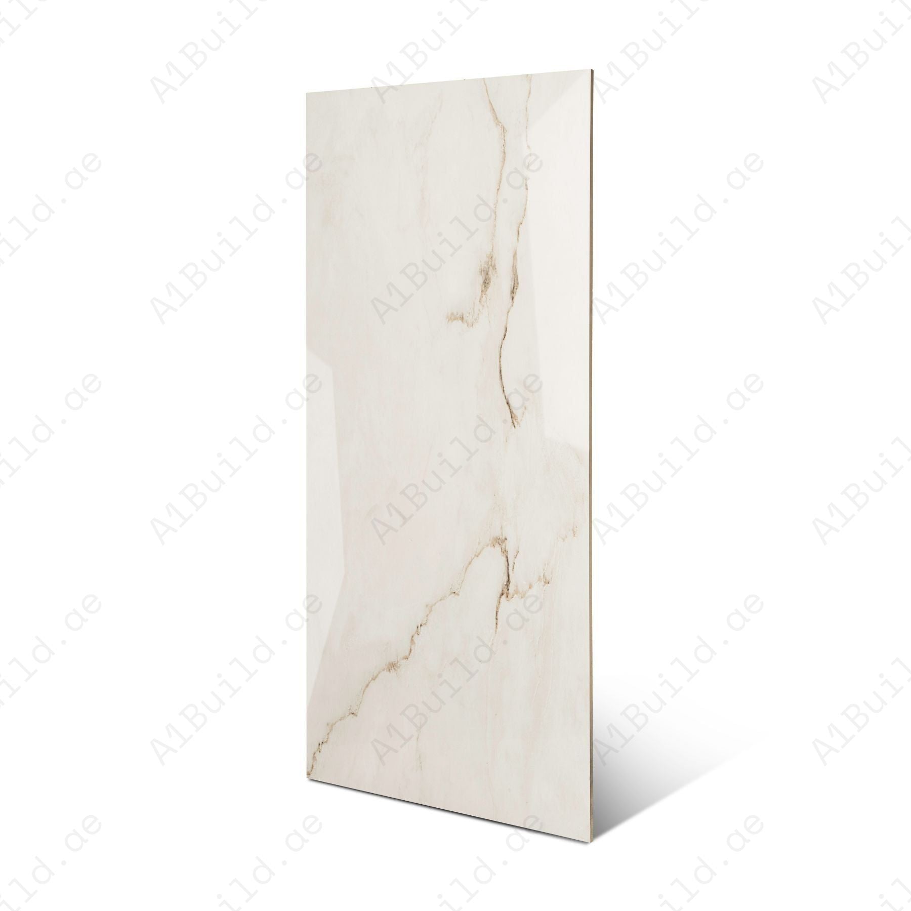 Calcutta Bianco Oro glossy marble porcelain tile 60x120cm with 9mm thickness features white base, gold and grey veining with polished finish.