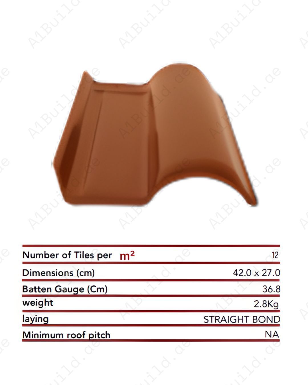 Caramel curved ceramic roof tile 42×27 cm, 2.8kg, 12/m². Warm tone, glossy finish, weather-resistant long-life roofing.