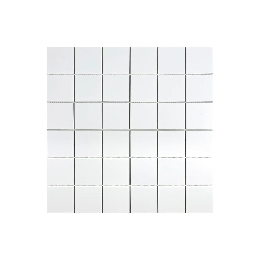 Carrara Lumina Off White Matt Porcelain Mosaic MCS660530. 97x97 mm chips, 296x300 mm sheets. 11 sheets per box cover 1 sqm. Durable, elegant, and versatile.