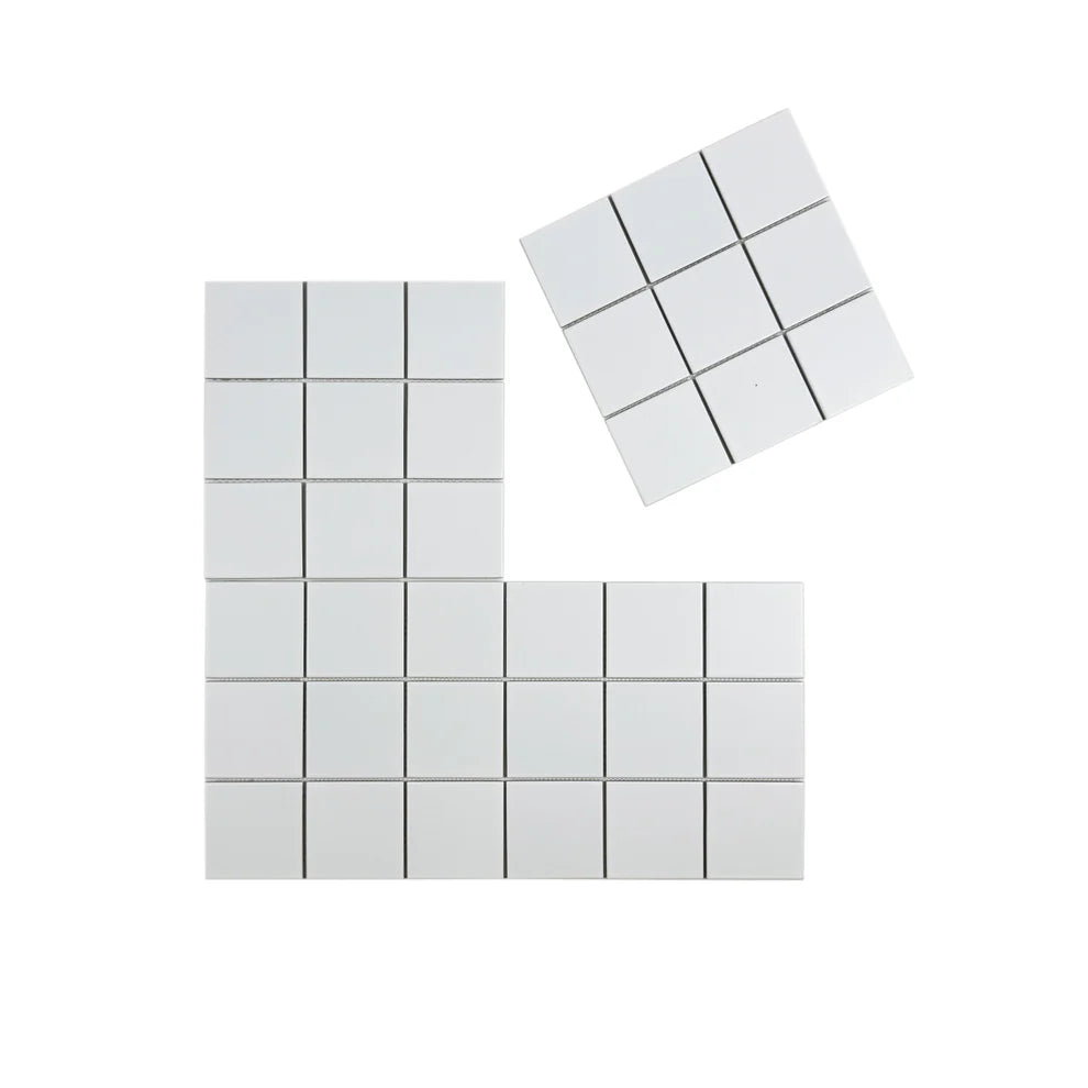 Carrara Lumina Off White Matt Porcelain Mosaic MCS660530. 97x97 mm chips, 296x300 mm sheets. 11 sheets per box cover 1 sqm. Durable, elegant, and versatile.