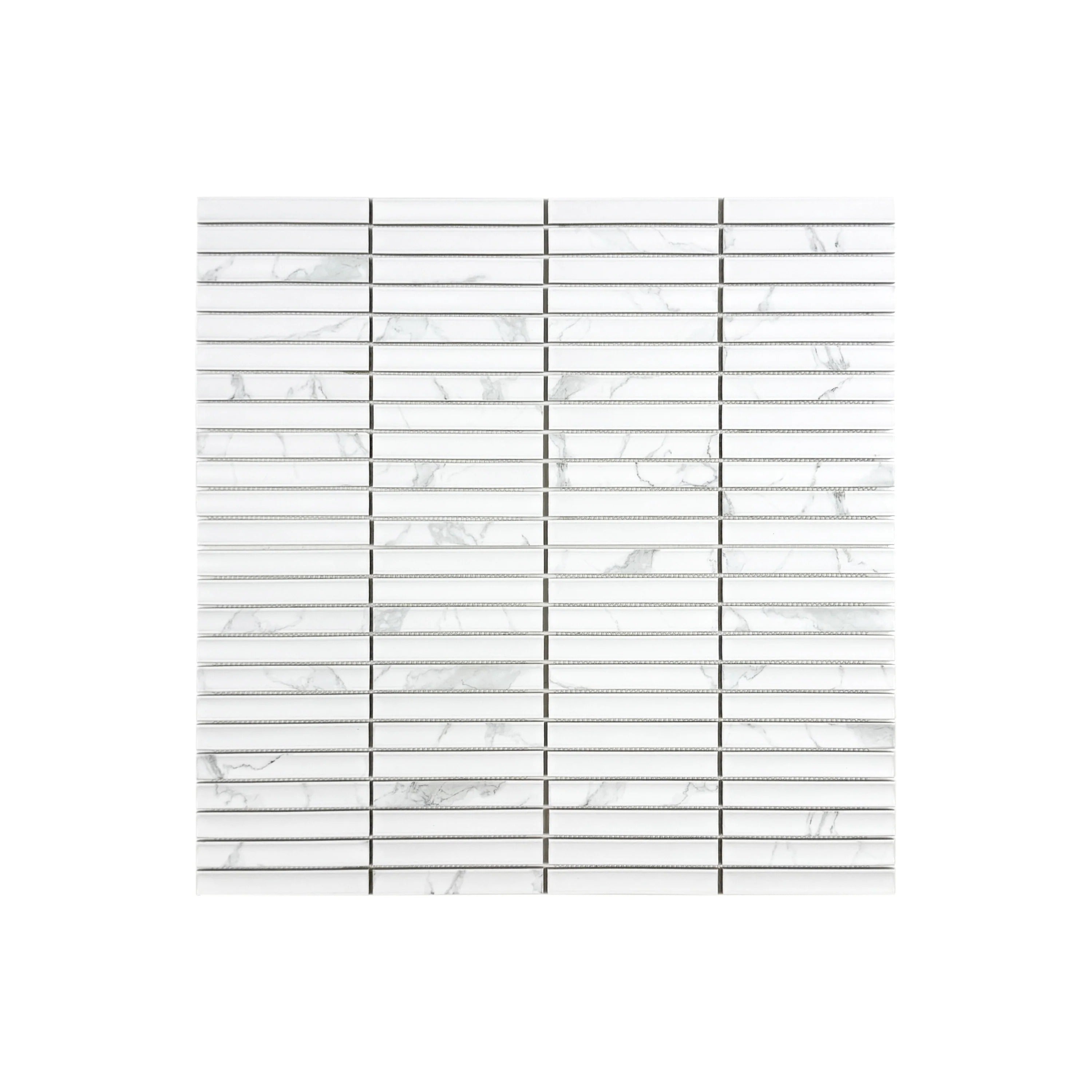 Carrara Lumina Series Carrara White Concave Surface Porcelain Mosaic, 22x145 mm chips. Durable, stylish long strip tiles for walls, floors & backsplashes.