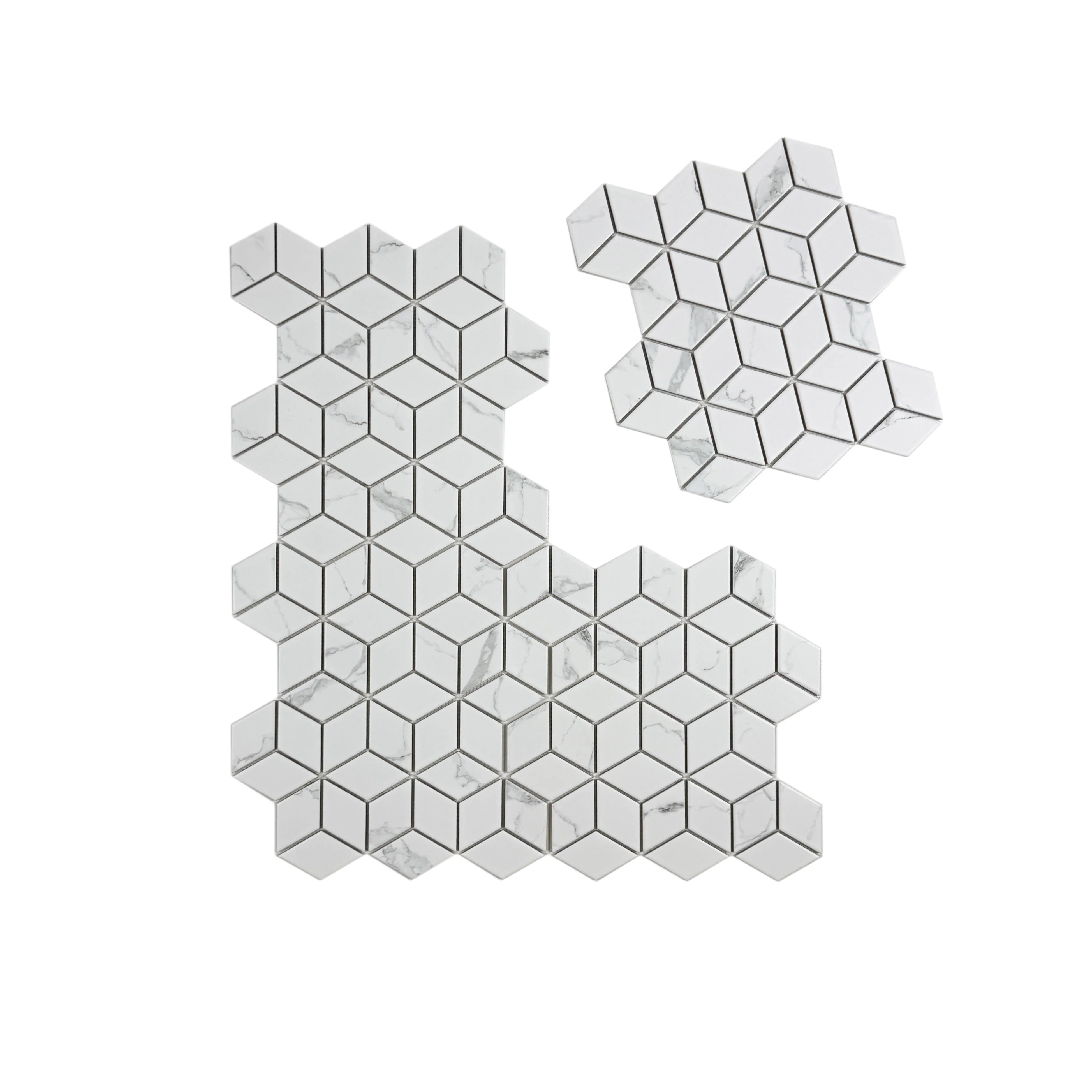 Carrara Lumina Series White Diamond Porcelain Mosaic, 48x80mm chips, timeless Carrara tones, durable & stylish for bathroom, kitchen backsplash & walls.