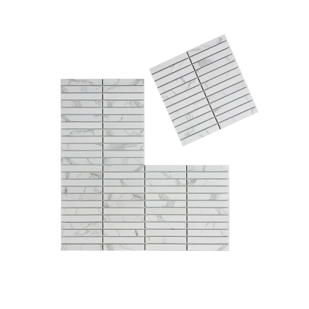 Carrara Lumina White Flat Surface Long Strip Porcelain Mosaic offers durability, elegance, and easy maintenance, ideal for walls, floors, and backsplash.