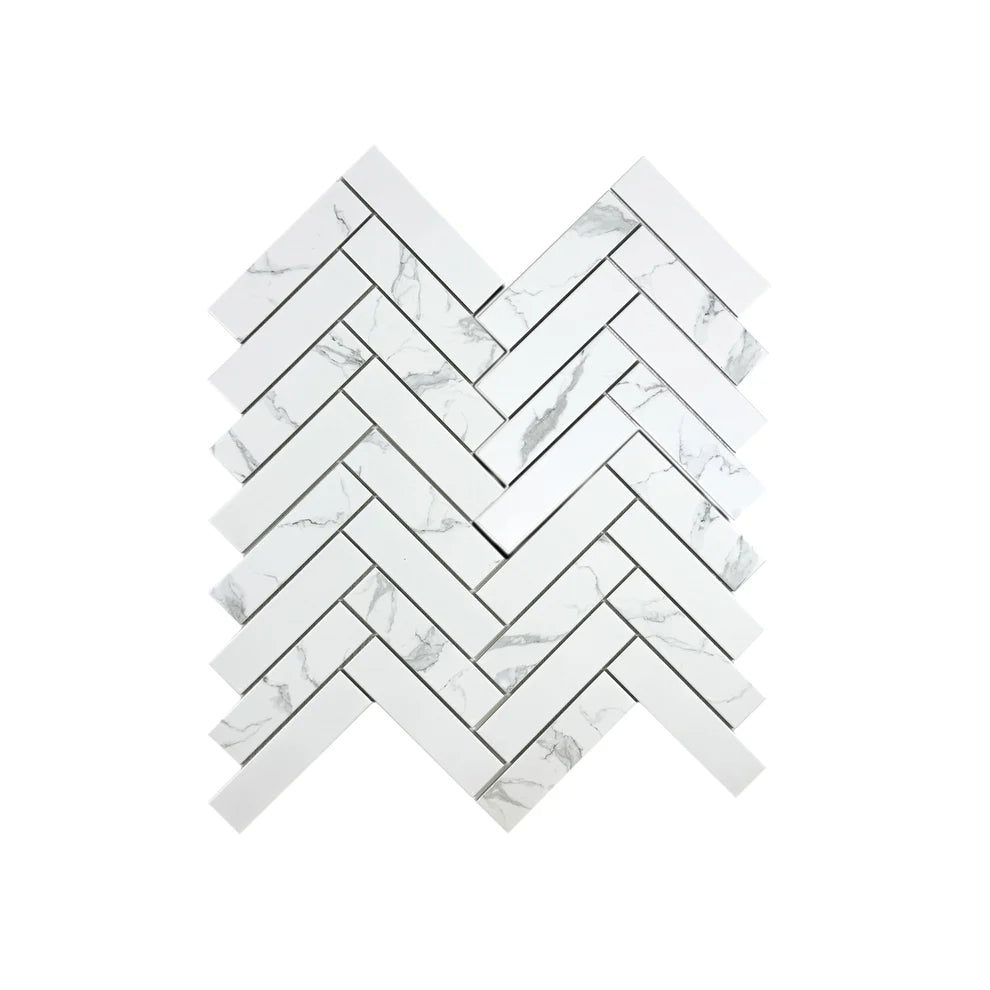 Carrara Lumina White Herringbone Porcelain Mosaic MCS660503. Elegant 50x200 mm porcelain chips, 12 sheets/box, covering 0.85 sqm. Durable and stylish choice