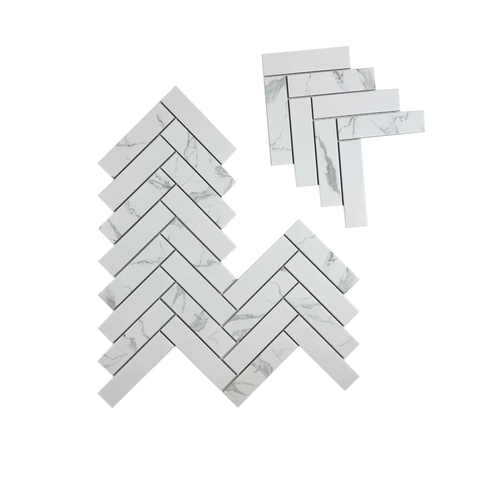 Carrara Lumina White Herringbone Porcelain Mosaic MCS660503. Elegant 50x200 mm porcelain chips, 12 sheets/box, covering 0.85 sqm. Durable and stylish choice