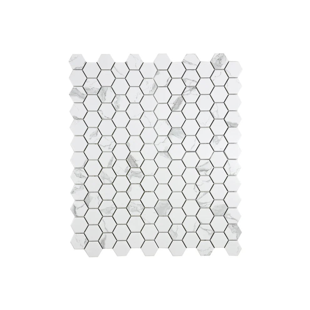 Carrara Lumina White Hexagon Porcelain Mosaic MCS660771. Premium porcelain, 22 sheets per box, covering 1.97 sqm. Elegant, durable, and easy to install.