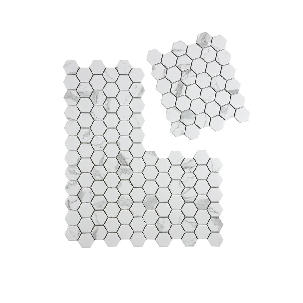 Carrara Lumina White Hexagon Porcelain Mosaic MCS660771. Premium porcelain, 22 sheets per box, covering 1.97 sqm. Elegant, durable, and easy to install.