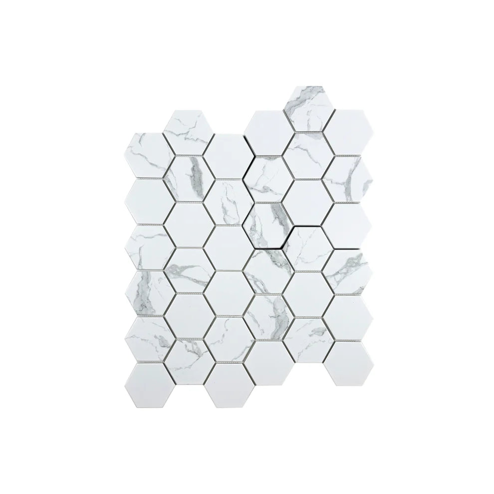 Carrara Lumina White Hexagon Porcelain Mosaic MCS660801. 95x95x6 mm chips, 255x295x6 mm sheets. Box of 13 covers 0.98 sqm. Durable porcelain; box weight 12 kgs.