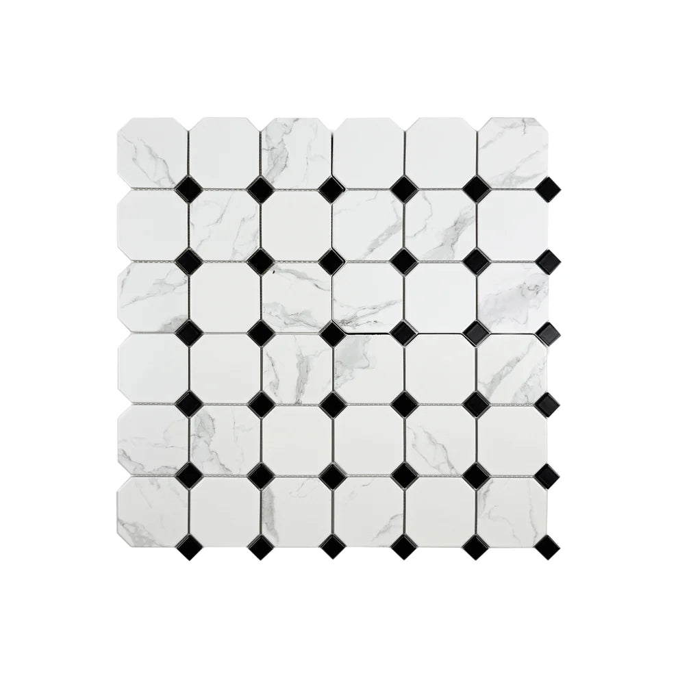 Carrara Lumina White Hexagon with Black Square Mixed Porcelain Mosaic MCS660773. 95x95 mm chips, 22 sheets per box covering 1.98 sqm. Elegant, bold design.