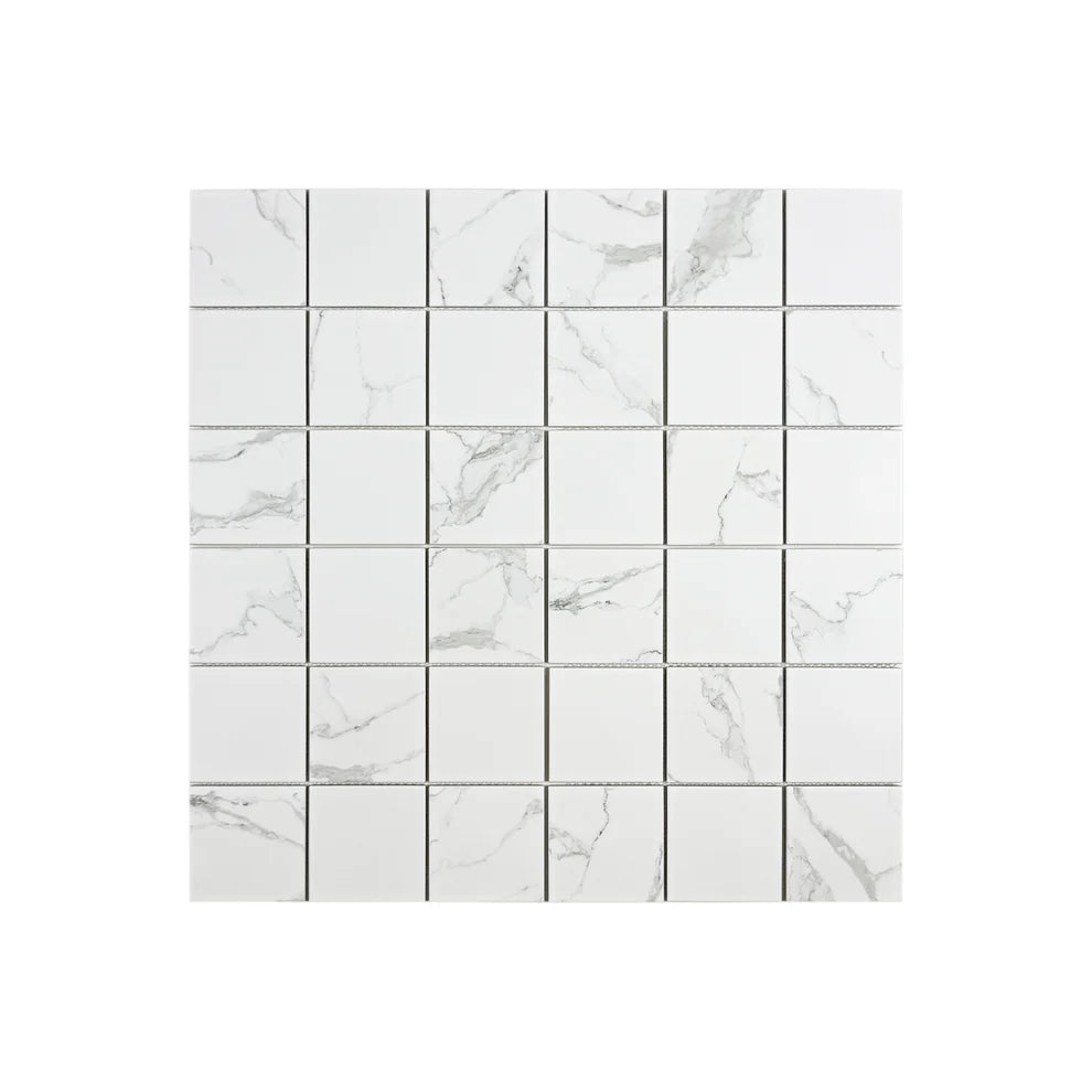 Carrara Lumina White Square Porcelain Mosaic MCS660601. 48x48 mm chips, 305x305 mm sheets, 22 sheets per box covering 2 sqm. Strong, stylish, and versatile.