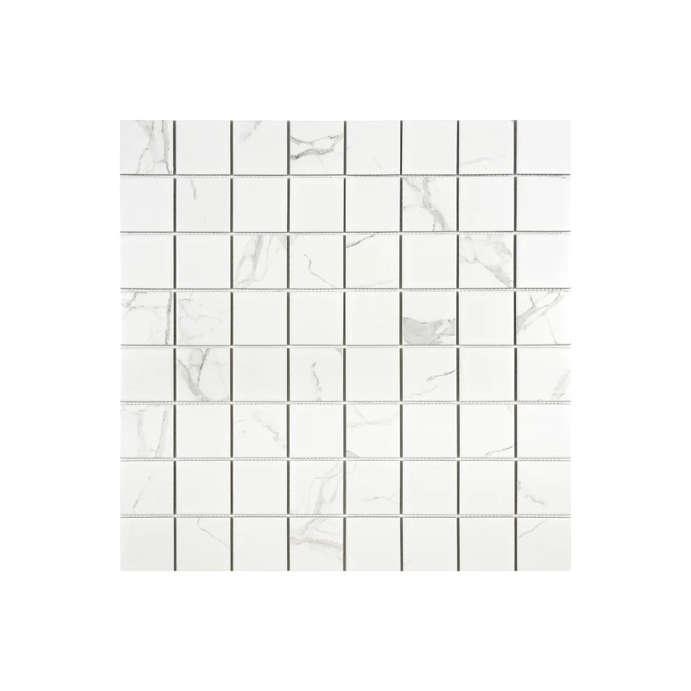 Carrara Lumina White Square Porcelain Mosaic MCS660602 with 75x75 mm chips. Each 305x305 mm sheet, 22 per box, covers 2 sqm. Durable, elegant, versatile tile.